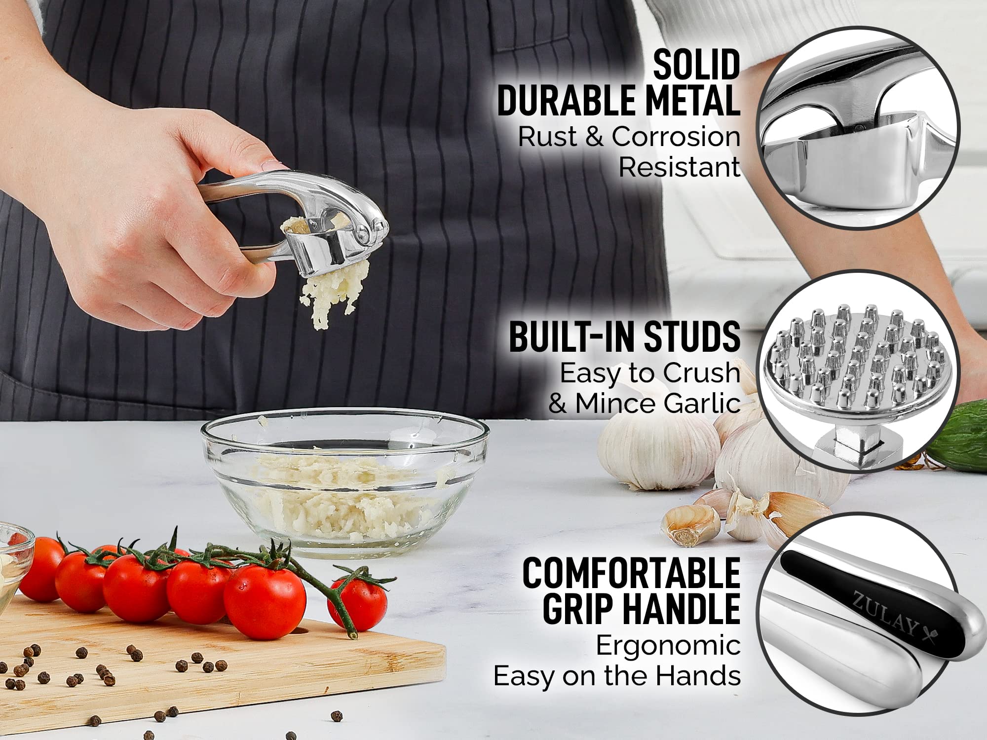 Zulay Kitchen Garlic Press with Soft, Easy to Squeeze Ergonomic Handle - Garlic Mincer Tool with Sturdy Design Extracts More Garlic Paste - Easy to Clean Garlic Crusher and Ginger Press (Chrome)