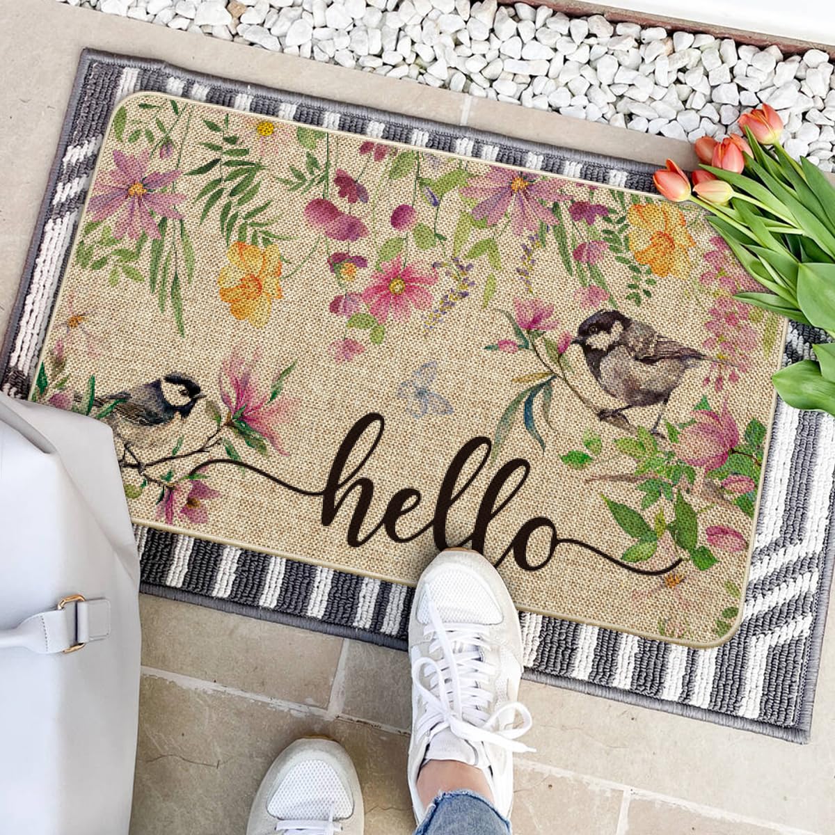 Artoid Mode Bird Flowers Hello Spring Doormat, Home Summer Decor Low-Profile Switch Rug Door Mat Floor Mat for Indoor Outdoor 17x29 Inch