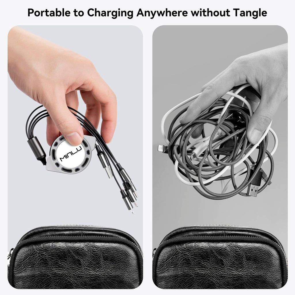 MINLU 4ft/1.2m 4-in-1 Retractable Multi Charging Cable, 4A, 2Pack, Compatible with iPhone, iPad, Samsung, Android, USB Type C/Micro USB, Gray