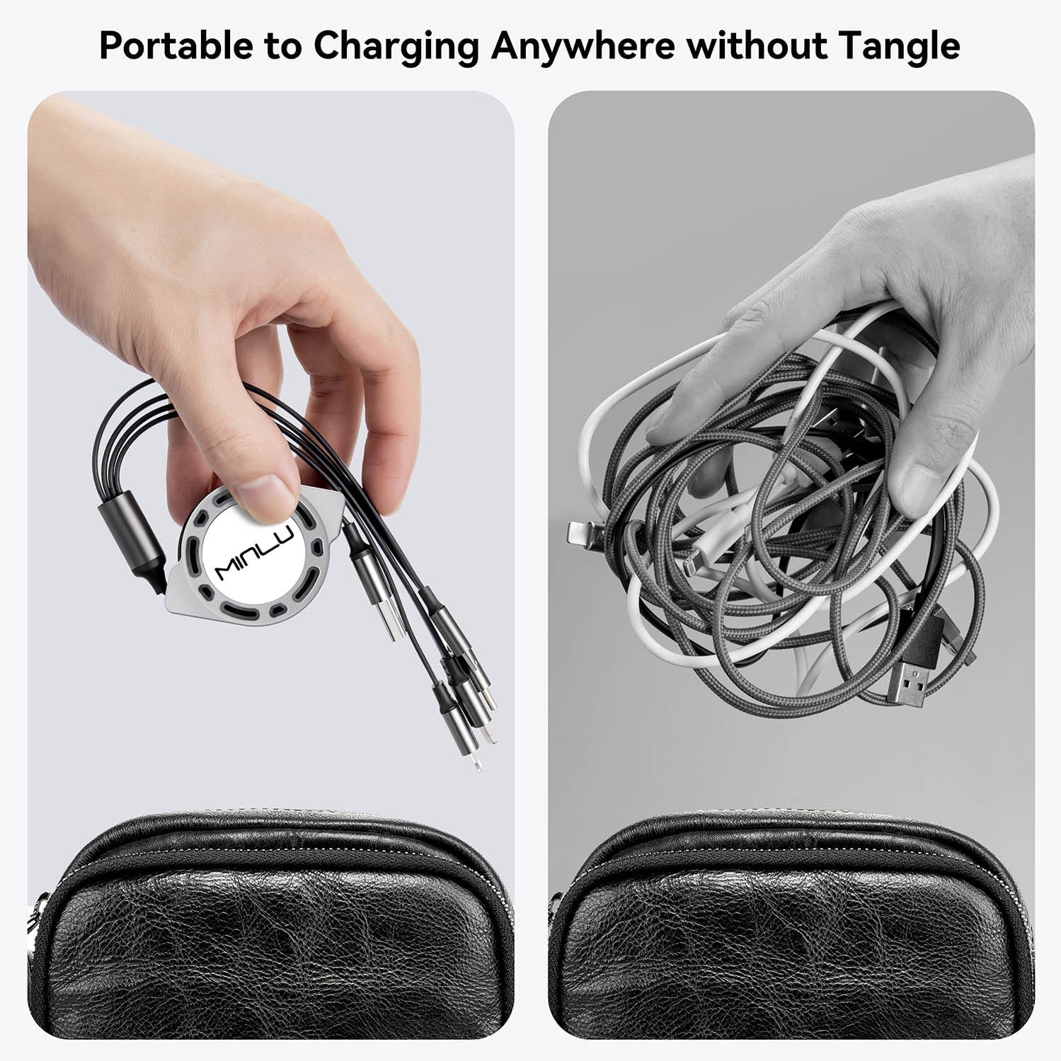 MINLU 4ft/1.2m 4-in-1 Retractable Multi Charging Cable, 4A, 2Pack, Compatible with iPhone, iPad, Samsung, Android, USB Type C/Micro USB, Gray