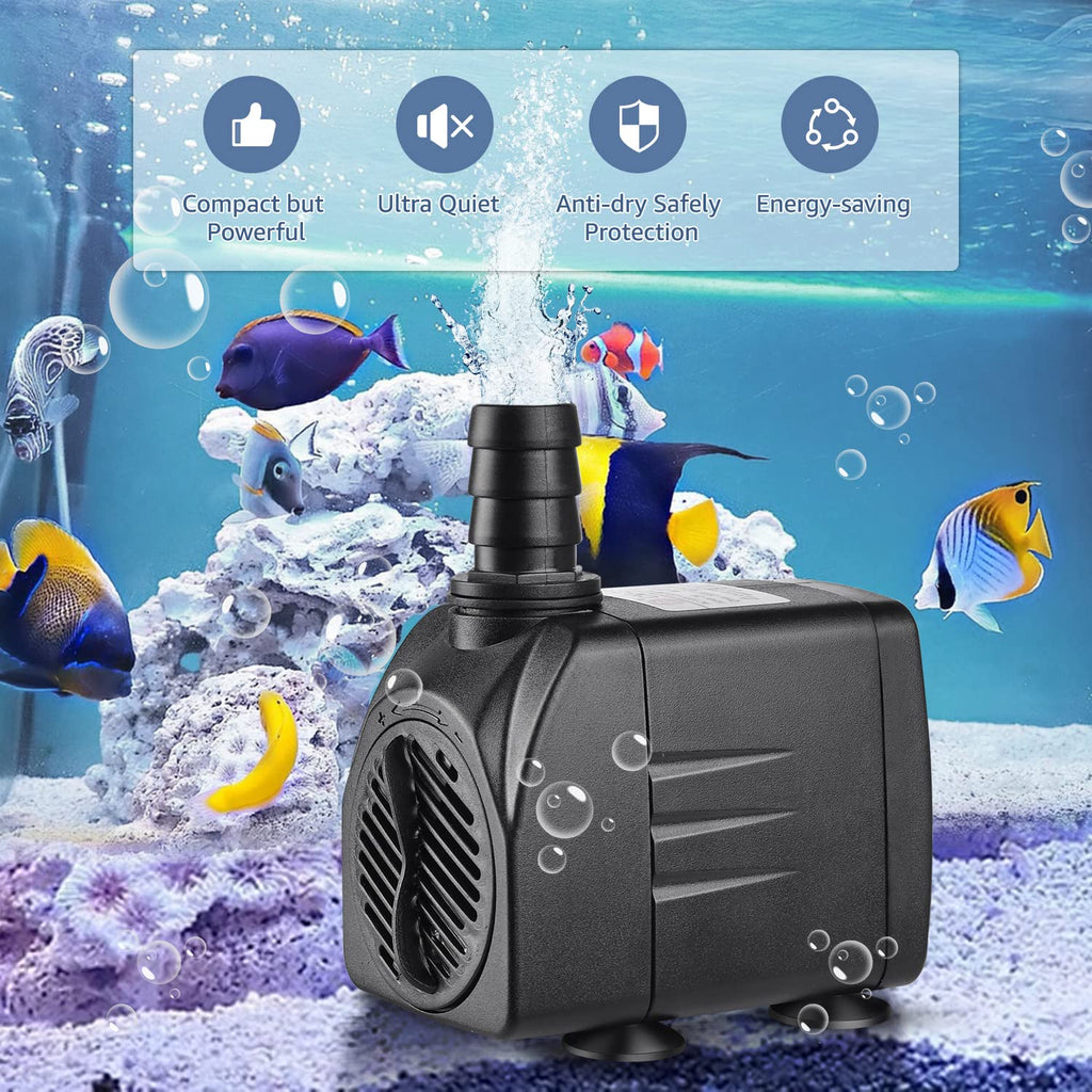 550GPH Submersible Water Pump(2000L/H),Ultra Quiet Water Pump with 6.6ft High Lift,Fountain Pump with 6.6ft Power Cord,3 Nozzles for Fish Tank or Pond/Rockery/Fountain/Hydroponic/Bird Bath