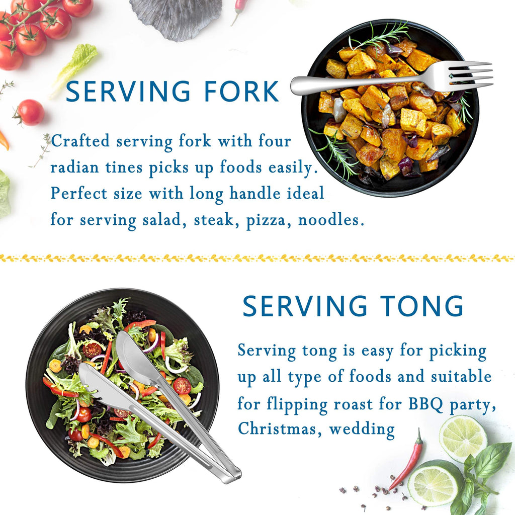Herogo 8-Piece Stainless Steel Serving Utensils Set, 8.7 Inch Spoons, Forks, Tongs for Catering, Dishwasher Safe