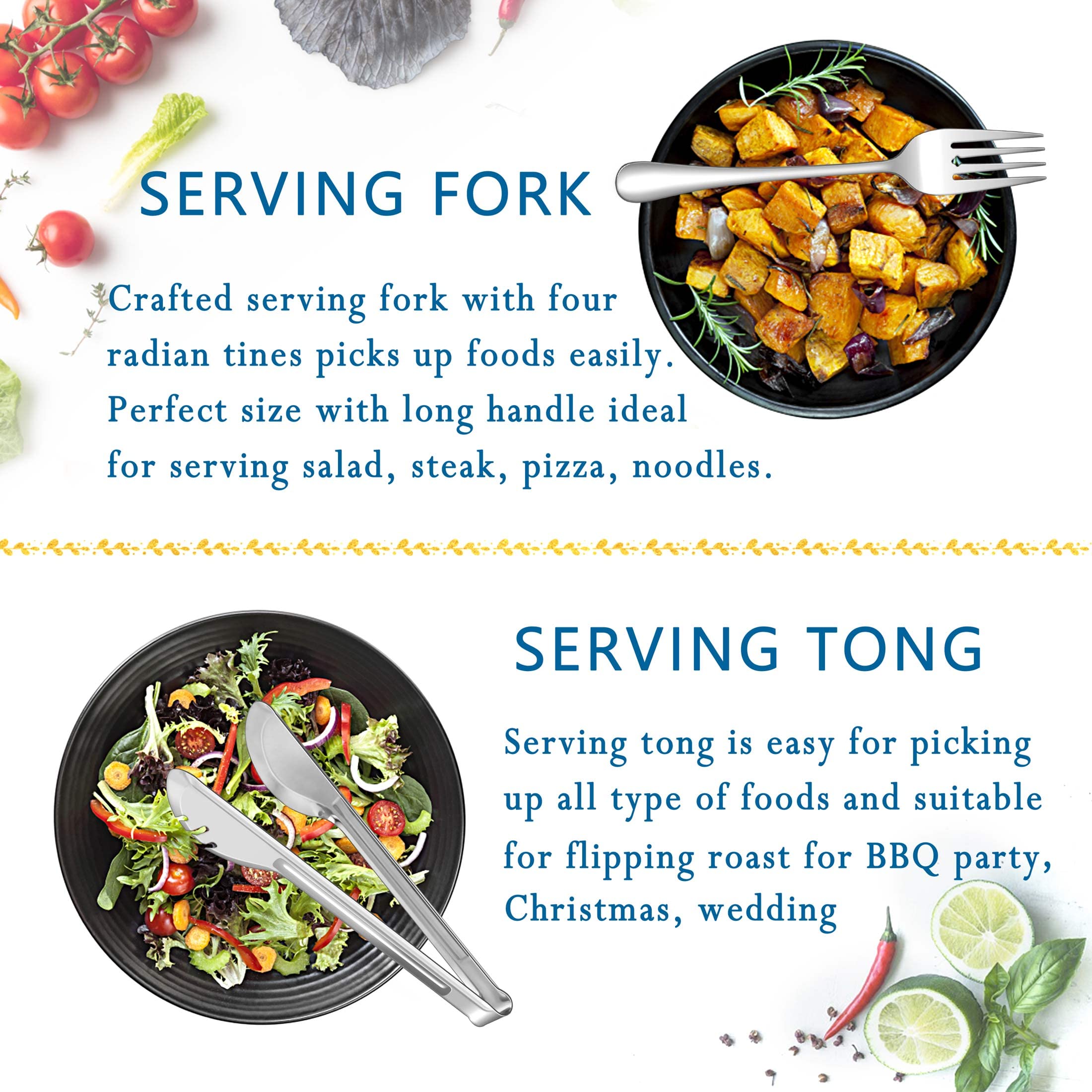 Herogo 8-Piece Stainless Steel Serving Utensils Set, 8.7 Inch Spoons, Forks, Tongs for Catering, Dishwasher Safe