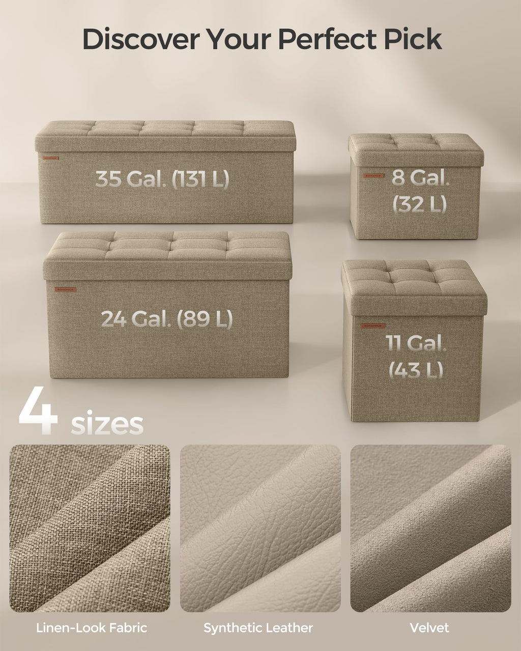 SONGMICS Small Folding Storage Ottoman, Foot Rest Stool, 31 x 41 x 31 cm, 286 kg Load Capacity, for Living Room, Bedroom, Home Office, Dorm, Light Taupe ULSF102K01