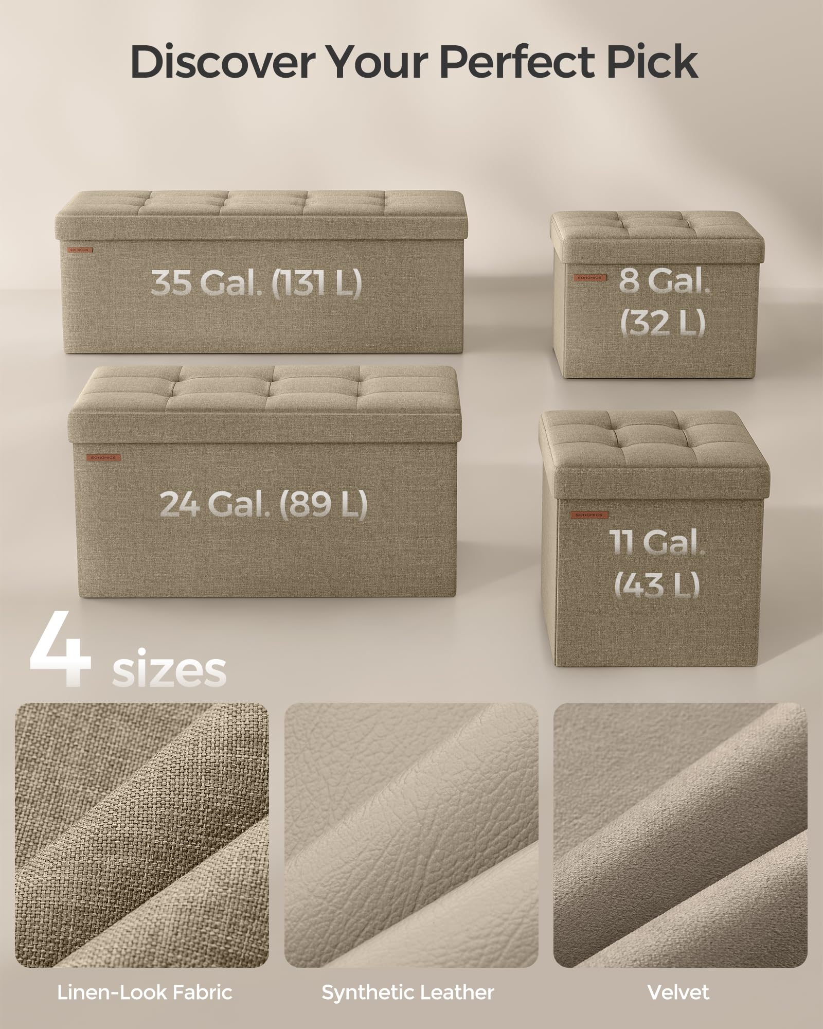 SONGMICS Small Folding Storage Ottoman, Foot Rest Stool, 31 x 41 x 31 cm, 286 kg Load Capacity, for Living Room, Bedroom, Home Office, Dorm, Light Taupe ULSF102K01