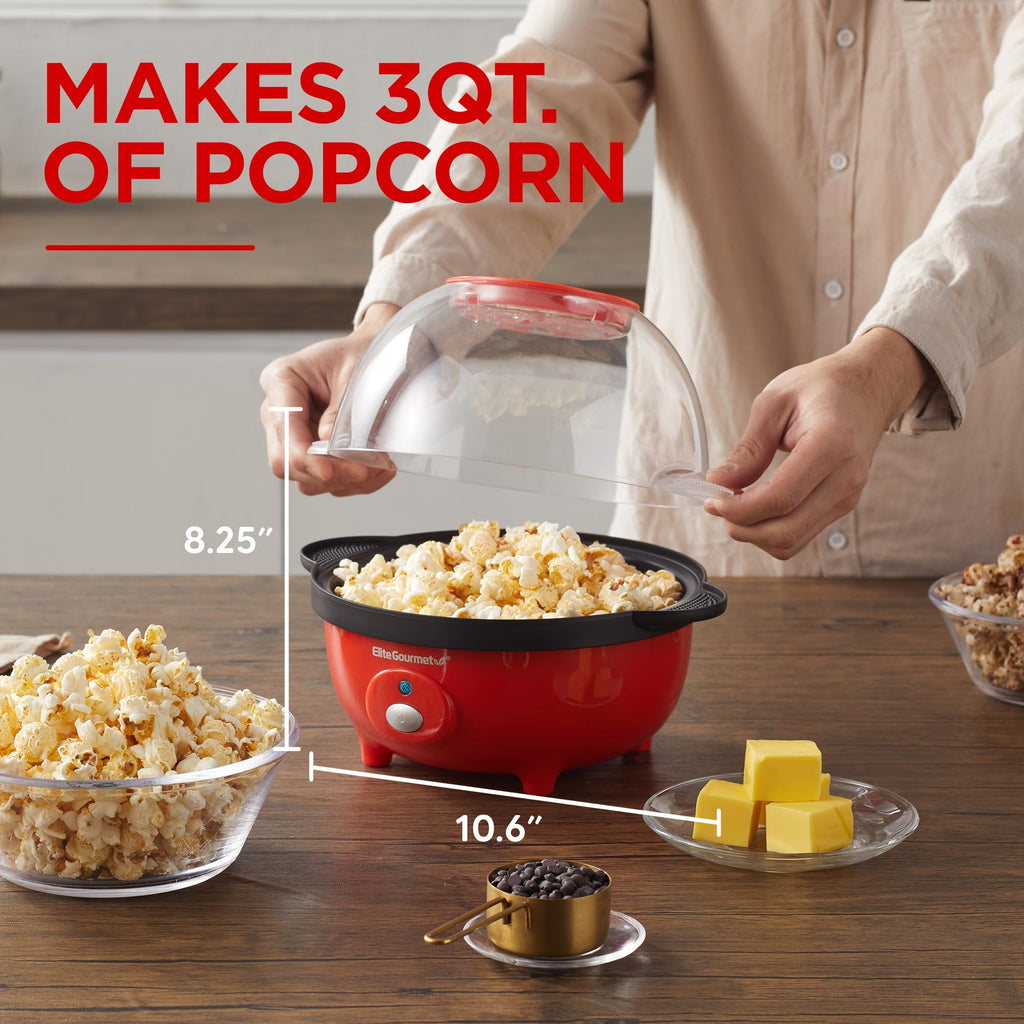 Elite Gourmet EPM330R Automatic Stirring Ceramic Nonstick 12-cup Popcorn Maker, Hot Oil Popcorn Machine w/Measuring Cap & Built-in Reversible Serving Bowl, Great for Home Party, ETL Approved, Red