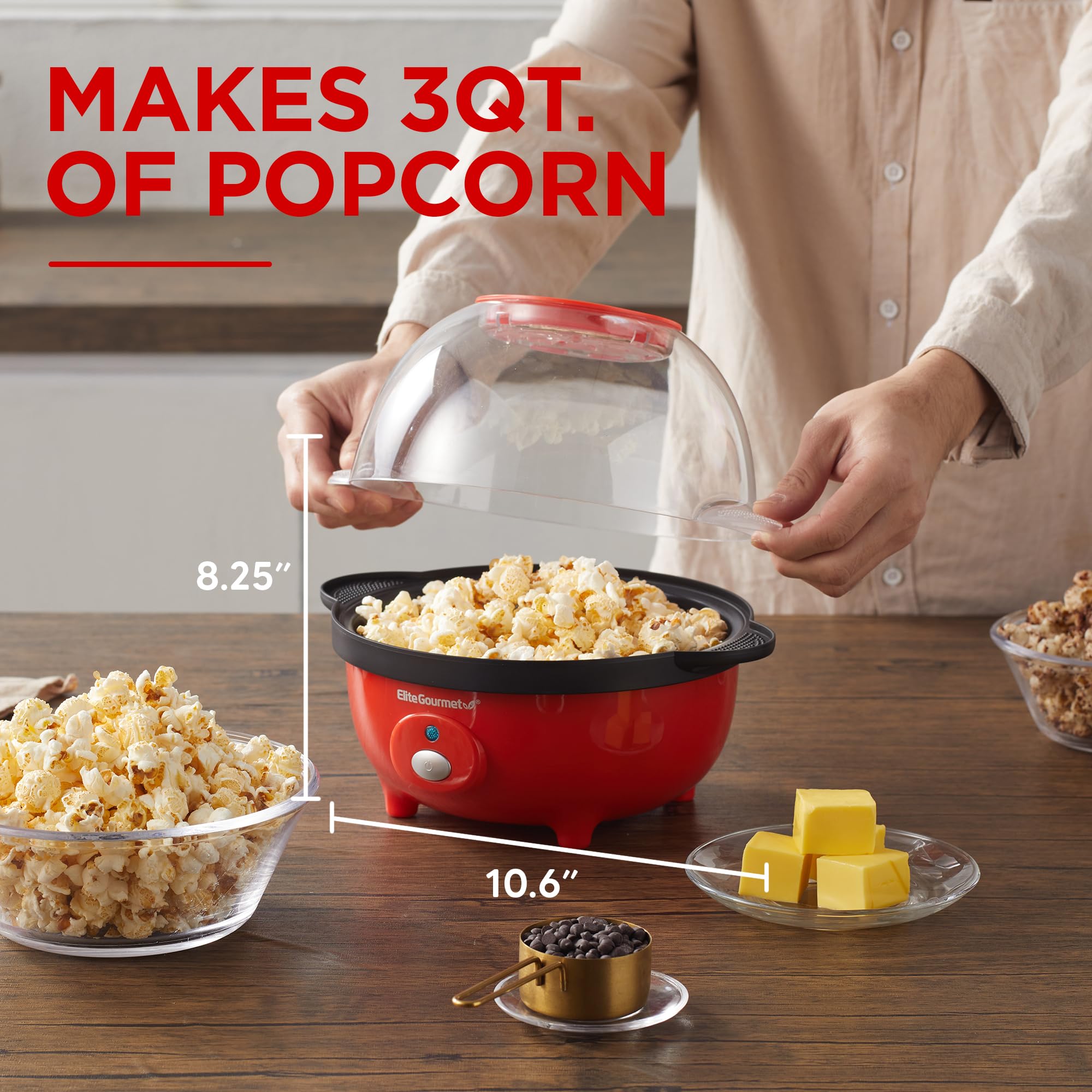 Elite Gourmet EPM330R Automatic Stirring Ceramic Nonstick 12-cup Popcorn Maker, Hot Oil Popcorn Machine w/Measuring Cap & Built-in Reversible Serving Bowl, Great for Home Party, ETL Approved, Red