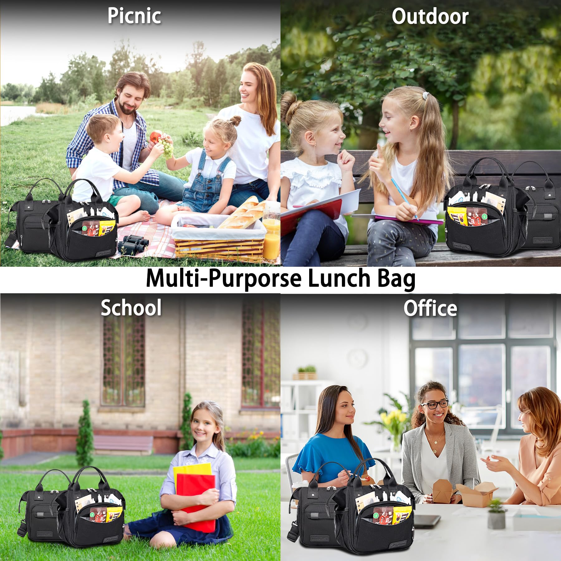 Black Lunch Bags for Women, Sac a Lunch Femme High Capacity Insulated Lunch Box for Work, Portable Lightweight Soft Cooler for Picnic Travel Road Trips