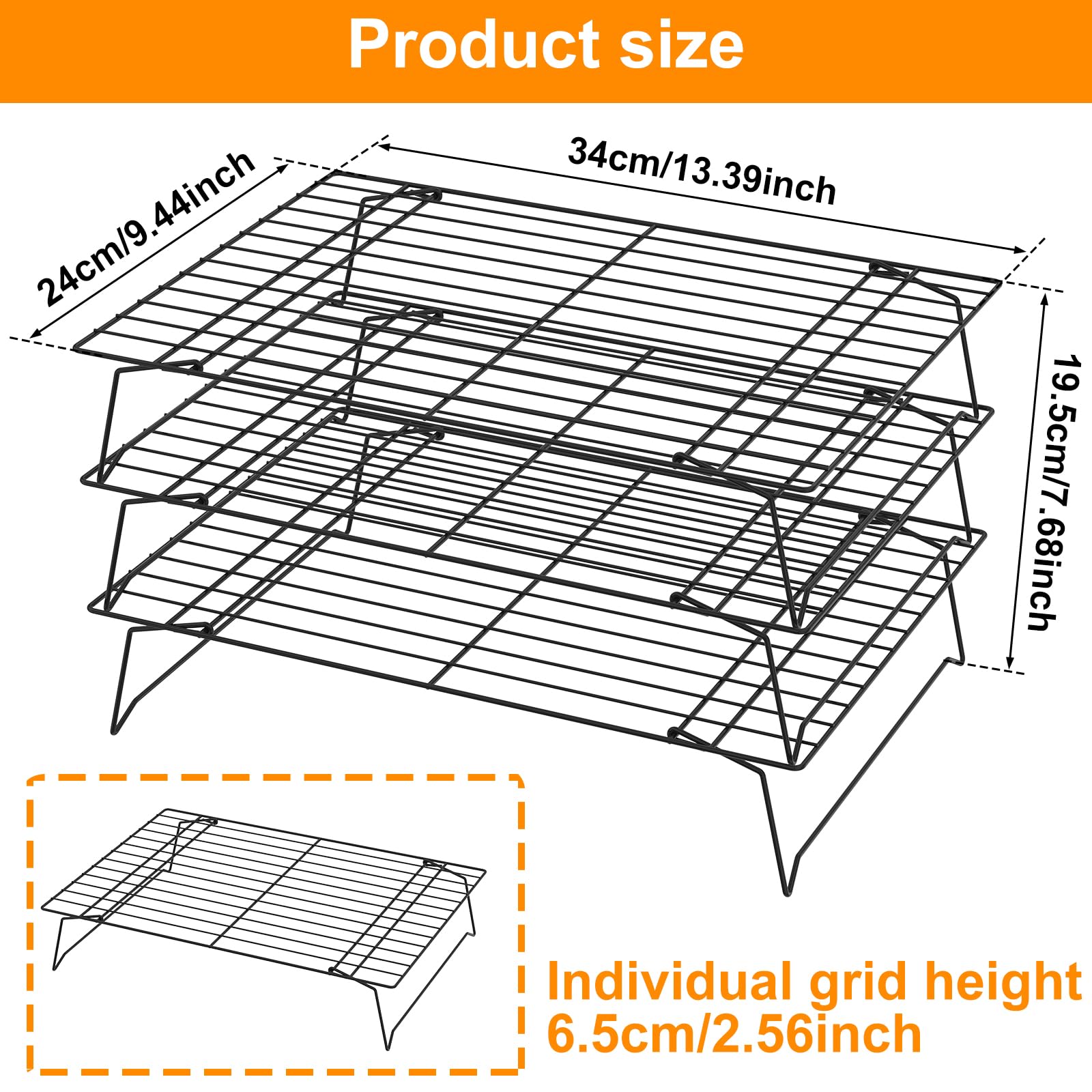 Abizarch 3-Tier Cookie Cooling Rack, 13.4“x9.4" Stackable Iron Baking Cooling Rack,Cooling Rack for Baking, Foldable Wire Cooling Rack Space Saving for Cupcakes Pies Cookies Gadgets