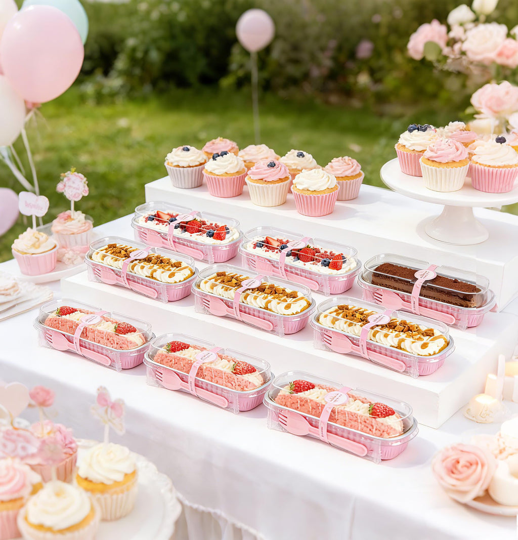 NPLUX Mini Cake Pans with Lids and Spoons, 50 Pack Pink Mini Loaf Pans with Lids, Mini Cake Containers for Baking, Mini Cheesecake and Party Desserts, Individual Cake Pans with Lids