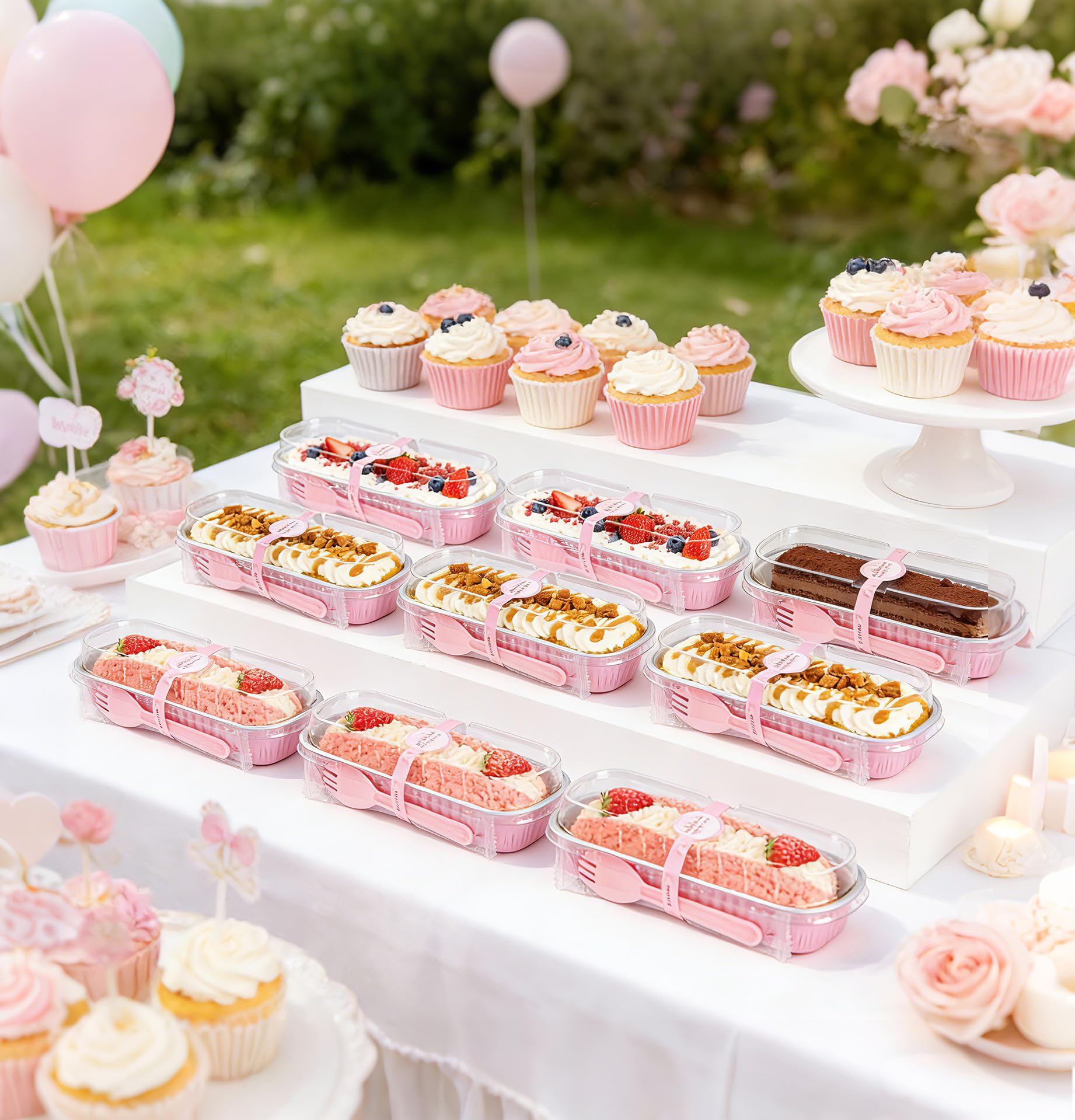 NPLUX Mini Cake Pans with Lids and Spoons, 50 Pack Pink Mini Loaf Pans with Lids, Mini Cake Containers for Baking, Mini Cheesecake and Party Desserts, Individual Cake Pans with Lids