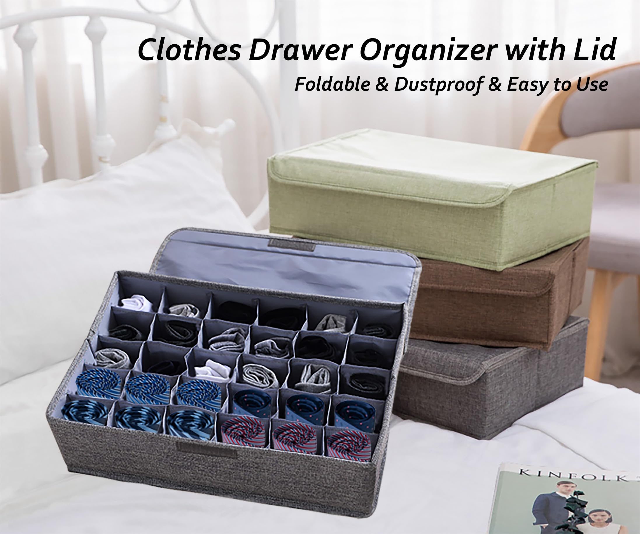 AARAINBOW 2 Packs Tie Storage Box with Lid, 60 Cells Sock Underwear Organizer for Dresser Drawer, Foldable Closet Necktie Holder for Men, Fabric Wardrobe Panty Container for Belt Scarf Lingerie, Gray
