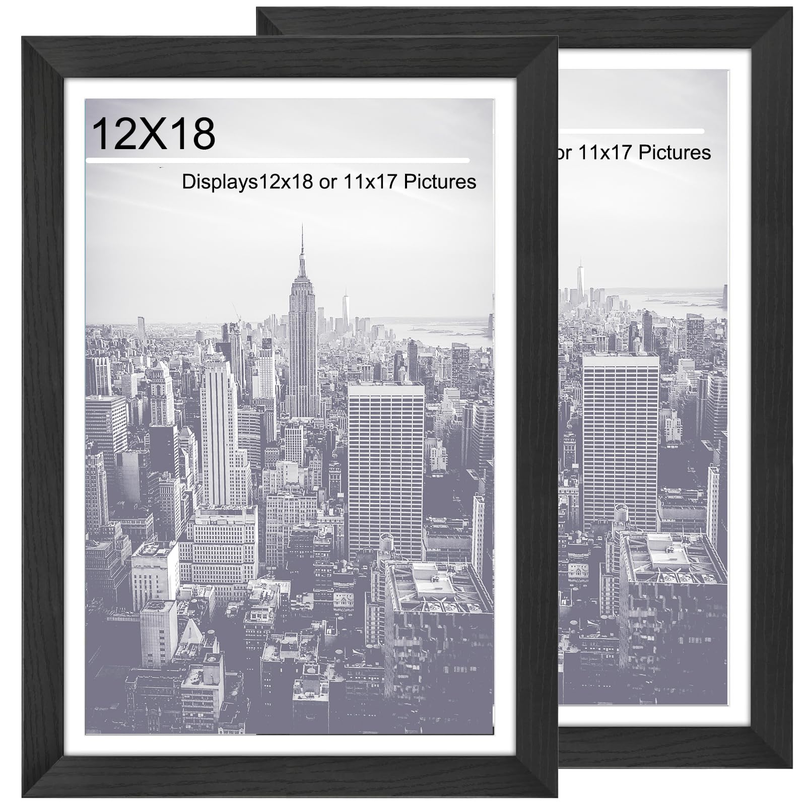 12x18 Picture Frames 2 Pack,Poster Frames Display Poster 11x17 with Mat or 12 x 18 Without Mat, Horizontal and Vertical Formats for Wall Mounting, Ideal for Home and Office Decor 12x18 Frame Black