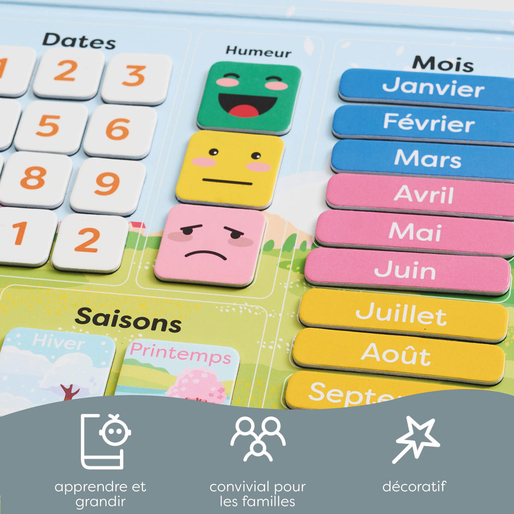 Chuckle - French Magnetic Calendar for Kids with Seasons, Dates, and Weather (40x32 cm) Classroom Wall Calendar, Fun Early Learning First Calendar for Children Aged 4 to 10 & Preschool