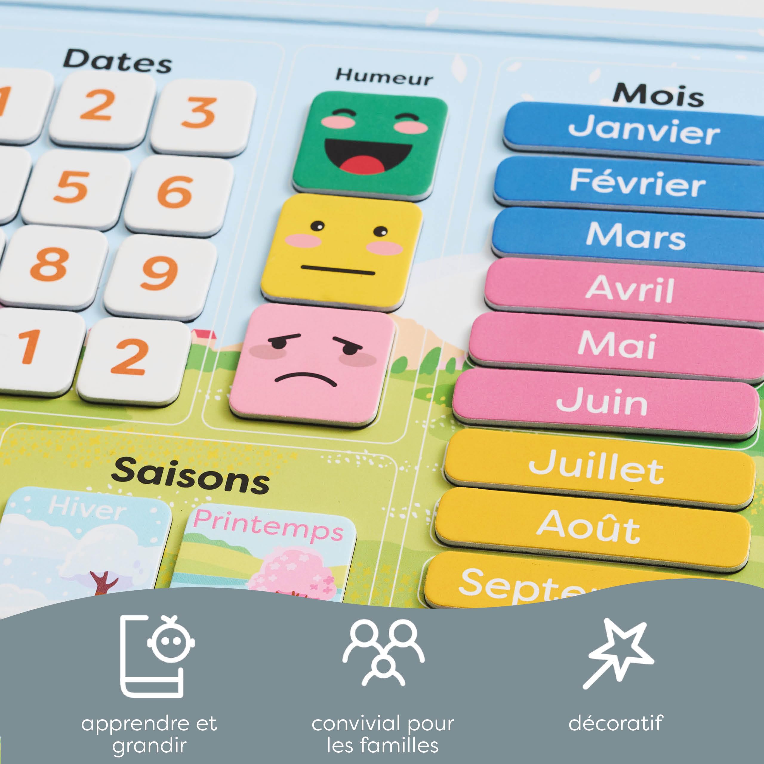 Chuckle - French Magnetic Calendar for Kids with Seasons, Dates, and Weather (40x32 cm) Classroom Wall Calendar, Fun Early Learning First Calendar for Children Aged 4 to 10 & Preschool