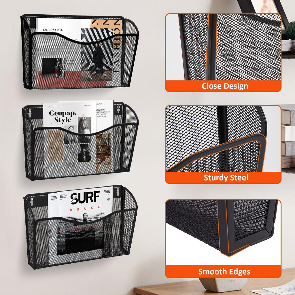 Wall Mount File Holder (3 Pack), AGPtek Wall File Holder, Hanging Wall File Organizer, Pocket Mesh Metal File Holder Organizer for papers, files and Home (Black)