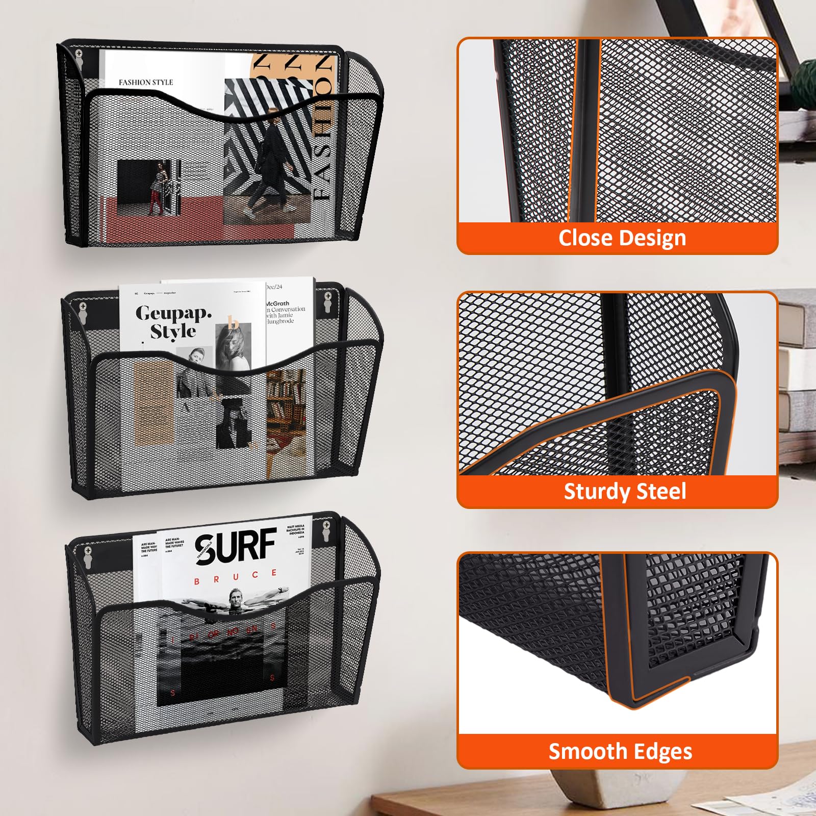 Wall Mount File Holder (3 Pack), AGPtek Wall File Holder, Hanging Wall File Organizer, Pocket Mesh Metal File Holder Organizer for papers, files and Home (Black)