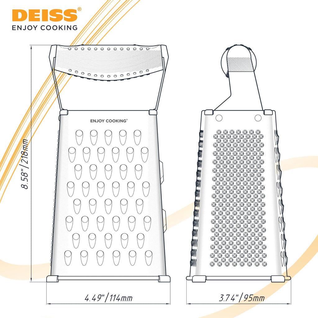 Deiss PRO Box Grater & Cheese Graters for Kitchen - Stainless Steel Cheese Grater and Food Shredder, 4 Sided Hand Grater for Block Cheese, Vegetables Non-Slip Base, Dishwasher Safe