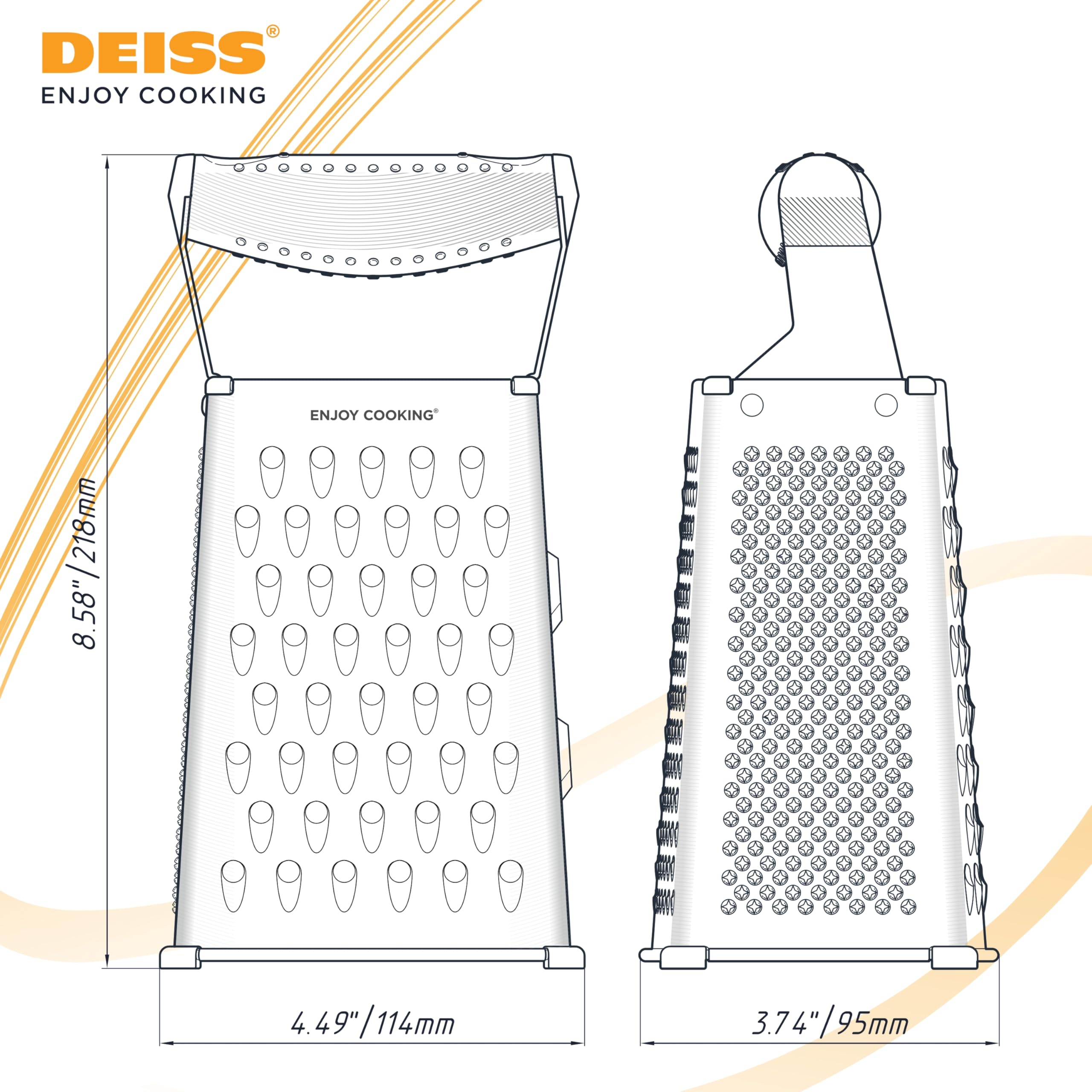 Deiss PRO Box Grater & Cheese Graters for Kitchen - Stainless Steel Cheese Grater and Food Shredder, 4 Sided Hand Grater for Block Cheese, Vegetables Non-Slip Base, Dishwasher Safe