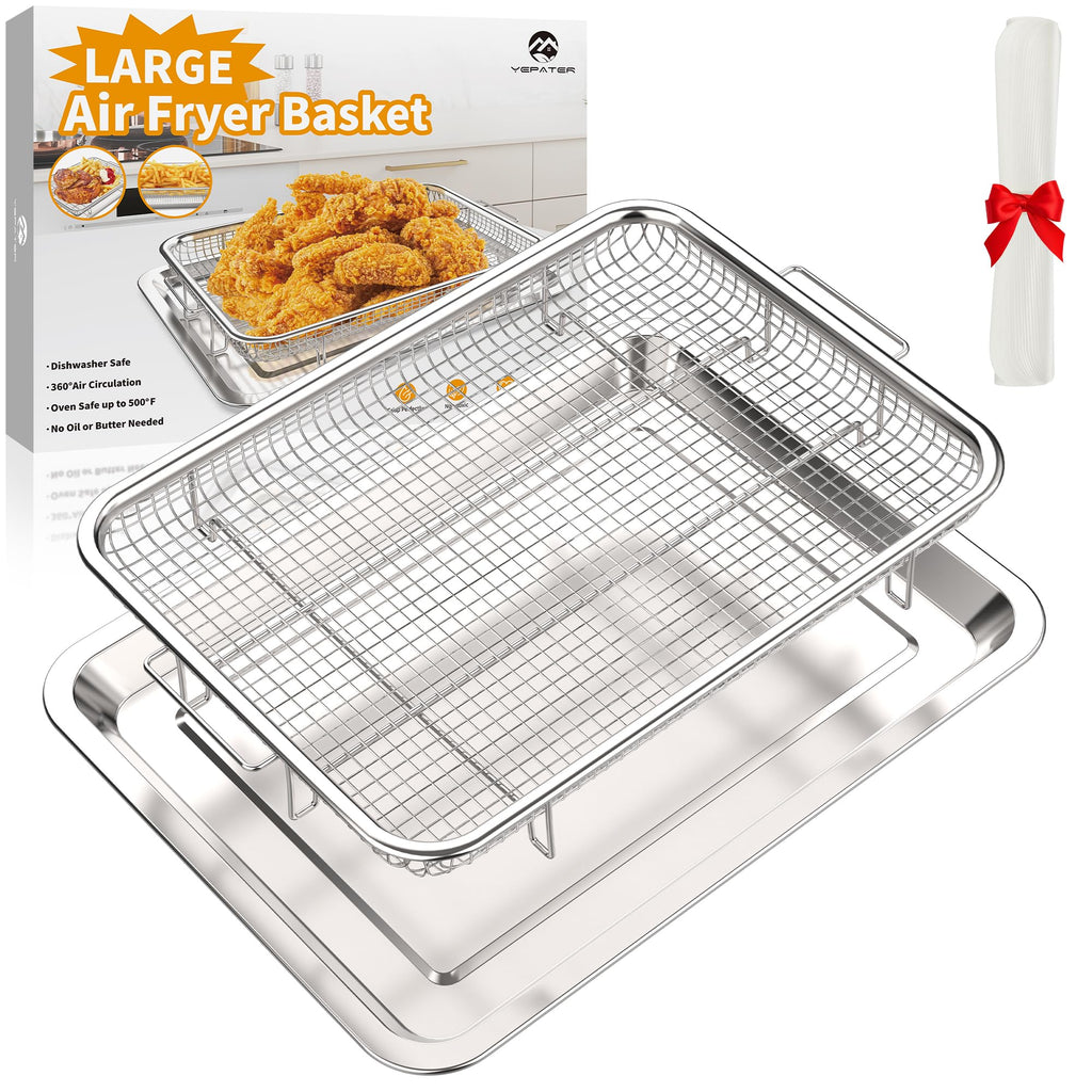 Air Fryer Basket, Large Size 15.6“ x 11.6“ Air Fryer Tray with 30 PCS Parchment Paper for Oven, YEPATER Stainless Steel Air Fryer Pan with Crisper Tray for Baking Fries,Bacon,Chicken