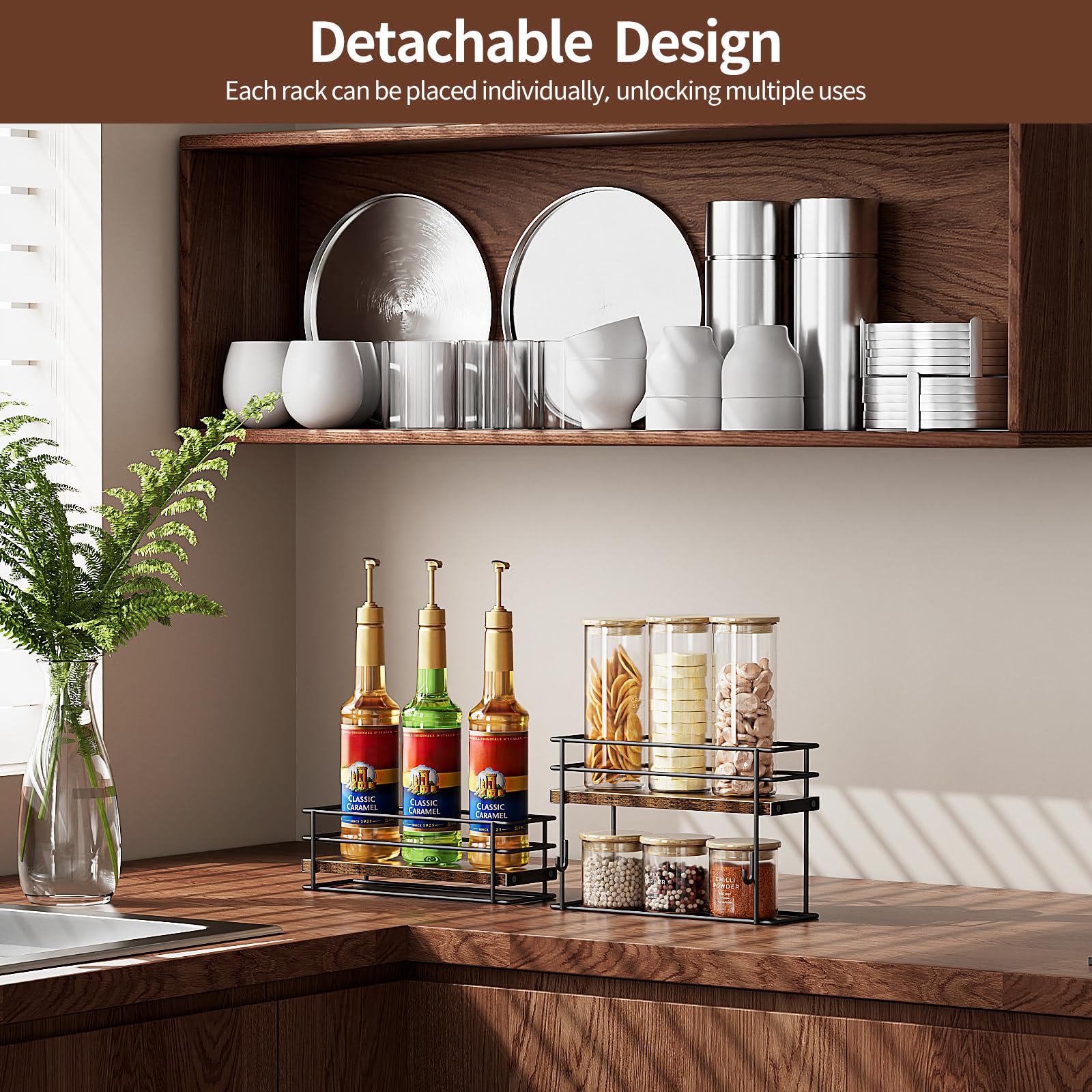Nuovoware Coffee Syrup Organizer, 2-Tier 6 Bottles Separable Metal Rack with Wooden Base Whiskey Wine Dressing for Countertop Kitchen Bar, Black