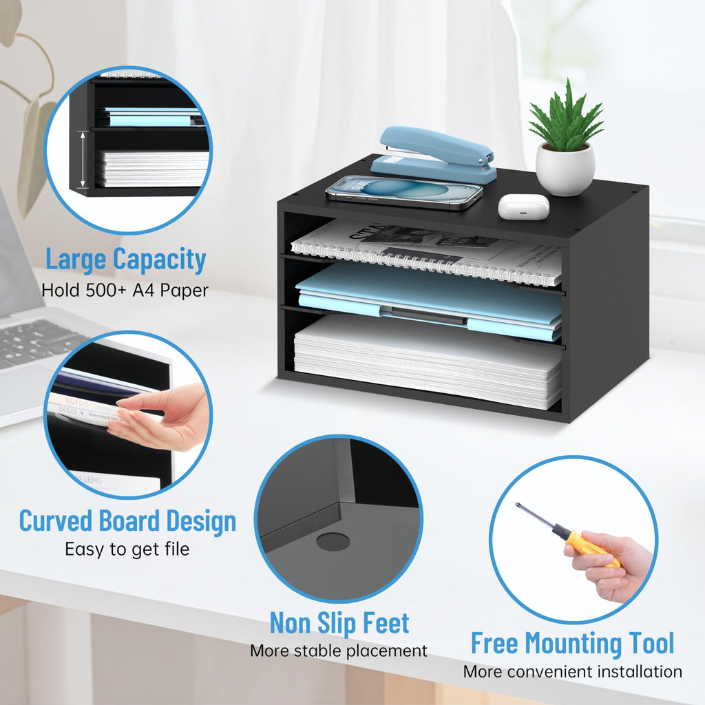 SHARKWOODS Wood Desk Organizer, 3 Tier Paper Sorter for Desktop with Adjustable Storage Shelves, Desktop Mail Holder for Office Home Classroom, Black