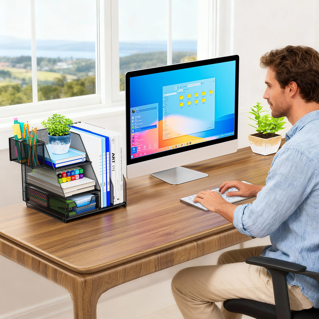 Auvo ADO03 Metal Mesh Desk Organizer with File Holder, 2-Tier Paper Letter Tray and one Drawer, 2 Pen Holders & 2 Vertical Magazine Holders for Office Supplies, Black