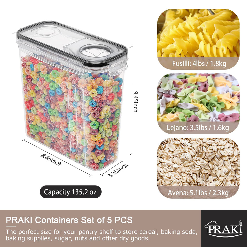 PRAKI 5PCS Cereal Containers Storage Set, BPA-Free Airtight Food Storage Container Set with Lids, Kitchen Pantry Organization & Storage, Perfect for Sugar, Baking Supplies - 20 Lables & Mark(4L Black)