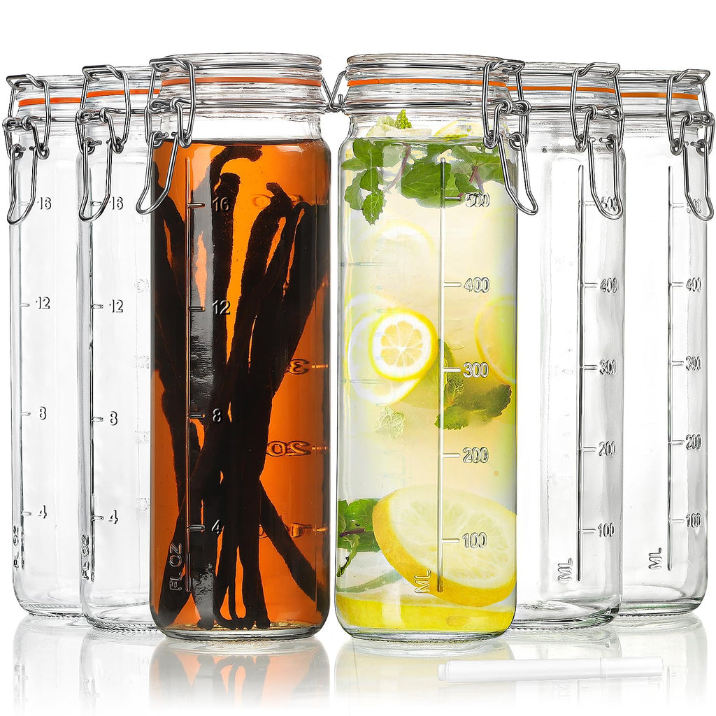 Huichuiero 20 oz(600 ML) Airtight Glass Jars with Lids, Wide Mouth Juicing Bottles with Hinged Lids and Leak Proof Rubber Gasket, Drinking Bottles Perfect for Vanilla Extract, 6 Pack