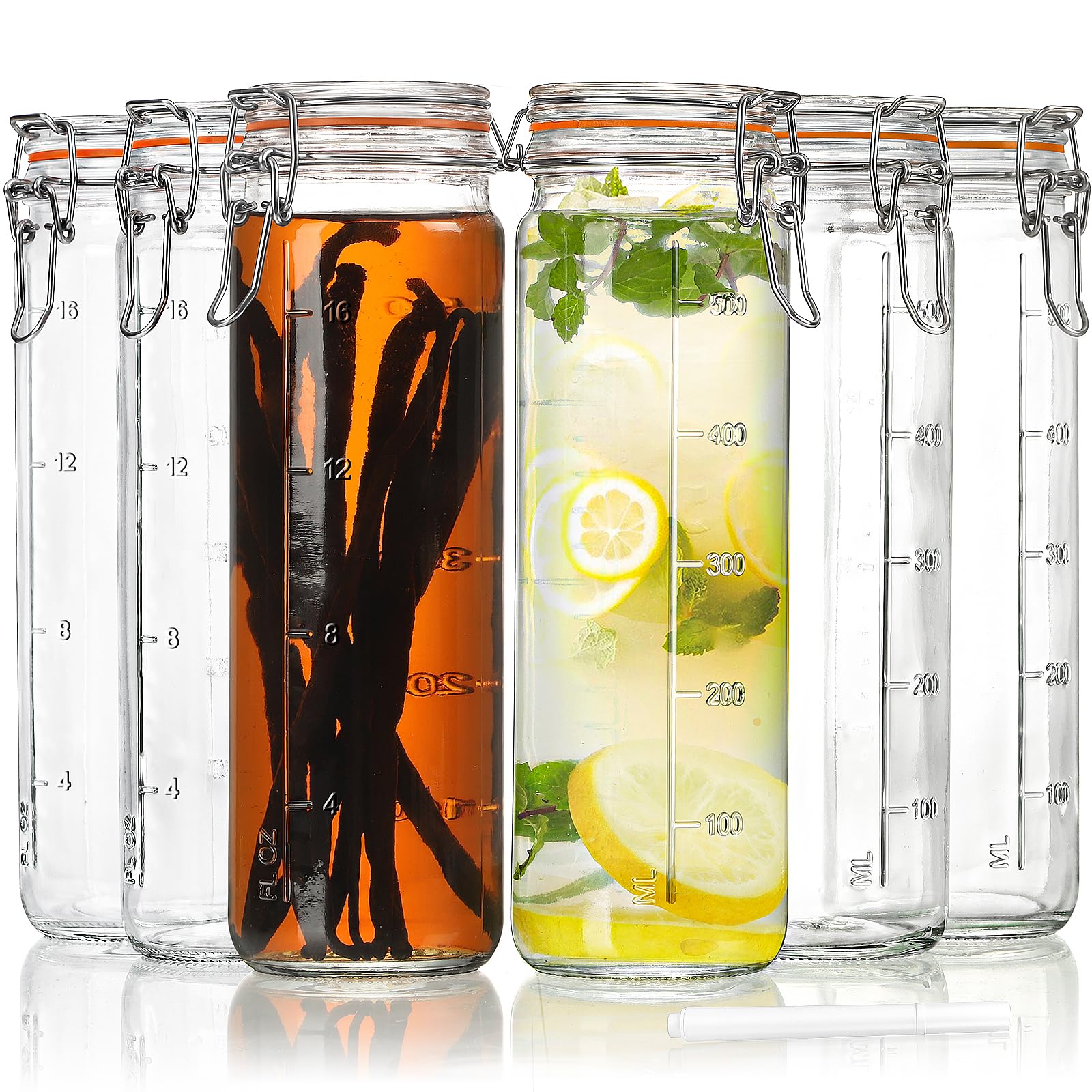 Huichuiero 20 oz(600 ML) Airtight Glass Jars with Lids, Wide Mouth Juicing Bottles with Hinged Lids and Leak Proof Rubber Gasket, Drinking Bottles Perfect for Vanilla Extract, 6 Pack