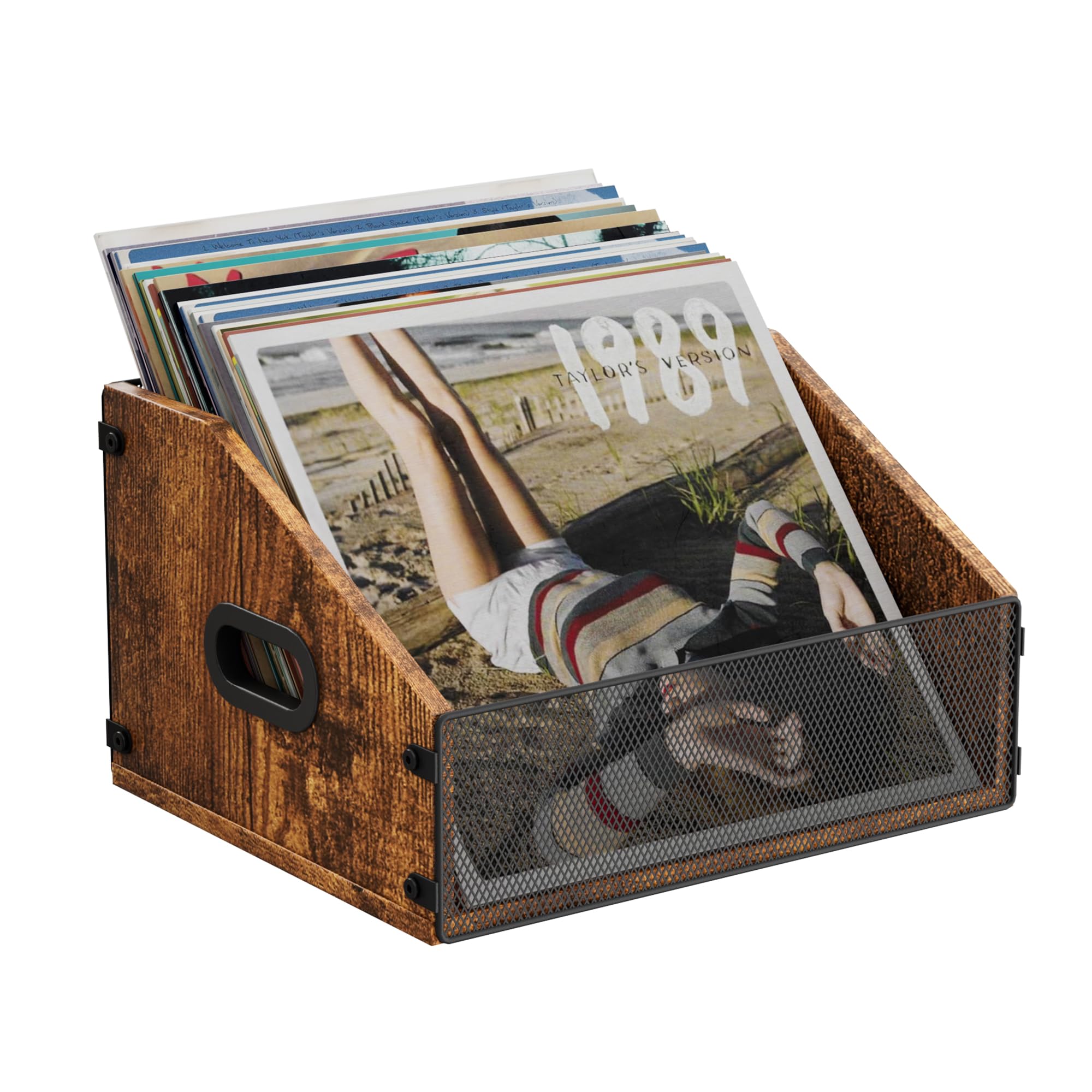 Dunatou Vinyl Record Storage Crate, Wooden Record Holder for LP Albums, Holds 40 Records, Fits 7" 8" 10" 12", Vintage Design with Dual Handle, Rustic Brown