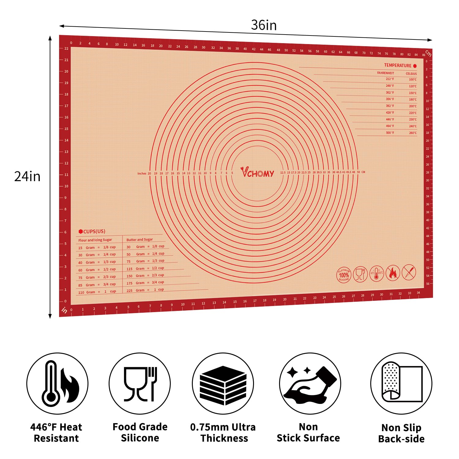 Extra Large Silicone Pastry Mat for Counter Rolling Dough,36x24 Inch,0.75mm Thick,Non Slip Silicone Baking Mat with Measurement (36 x 24 in)