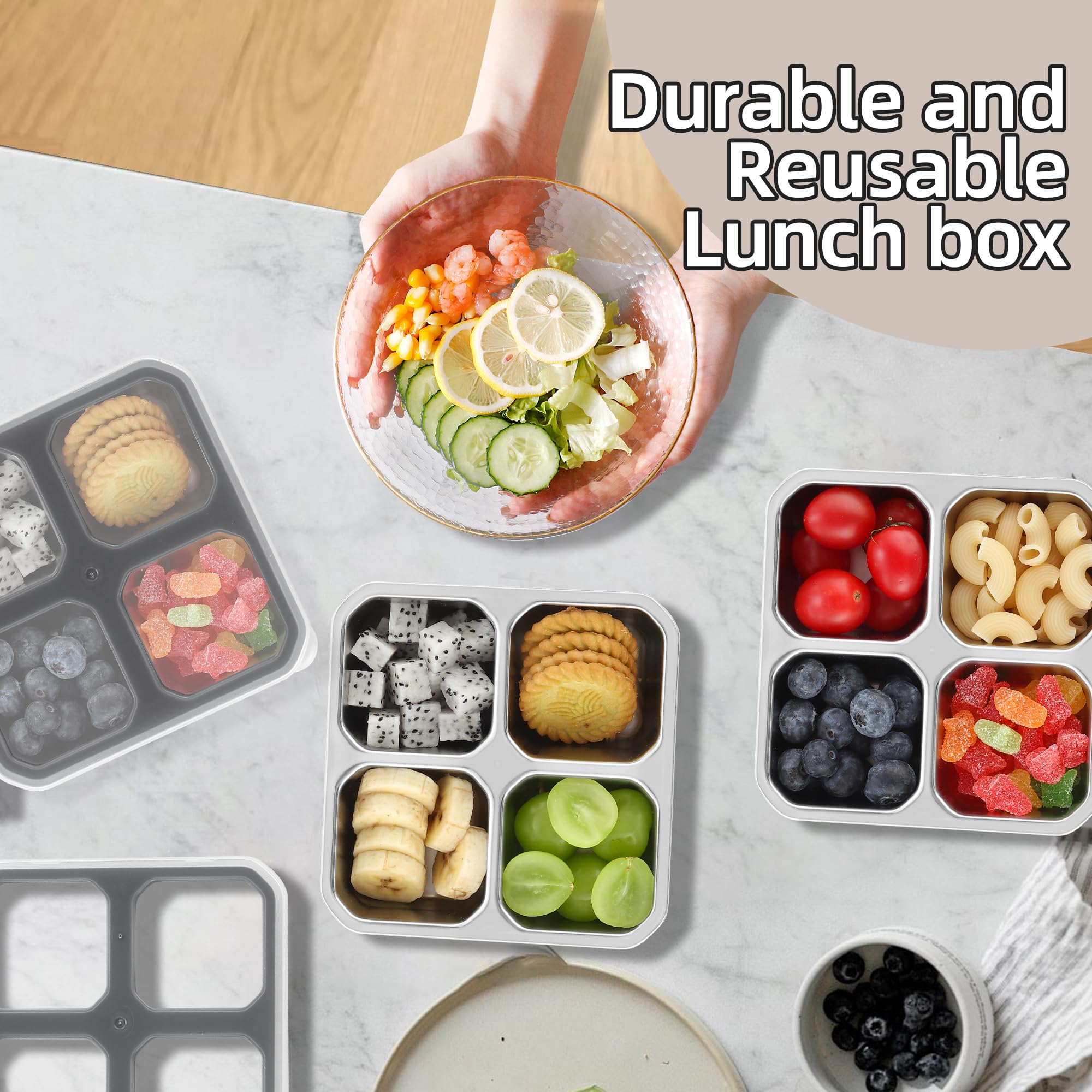 BEFOY 4 Pack Stainless Steel Snack Containers with Lids - 4 Compartment Food Storage Containers for Adults & Kids - Meal Prep Reusable Bento Lunch Box - Silver