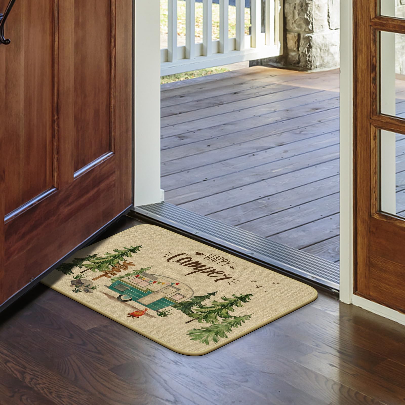 comfoyar Camper RV Door Mat, Happy Camper Floor Mats, Welcome Mat with Rubber Backing for Shoe Scraper, Non Slip, Easy to Clean Floor Mat Rug for Outside Camper Decor (17"x 30")