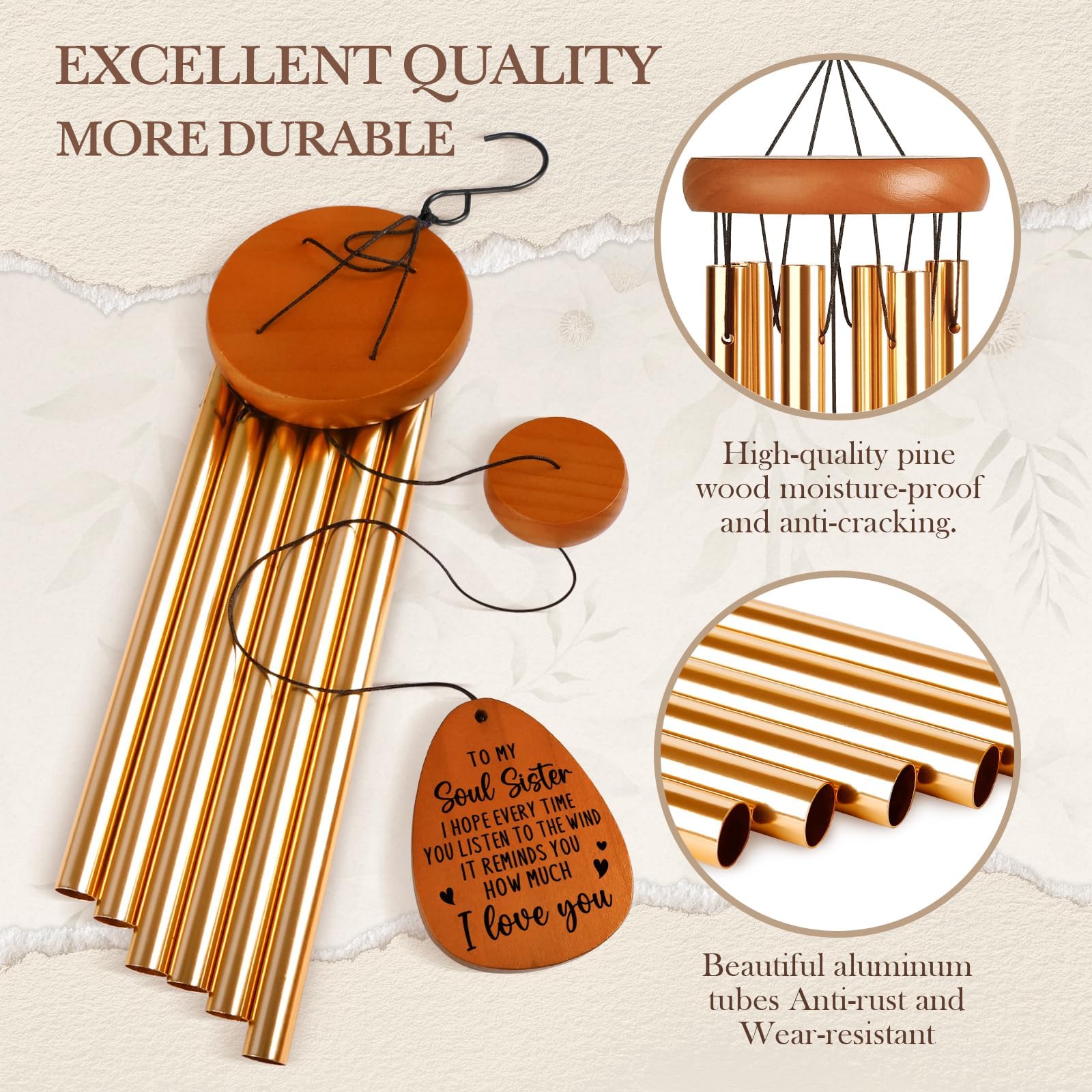 Leebbsin Soul Sister Wind Chime, Unique Birthday Gift for Soul Sister, Bestie, BFF. Love Reminder Gifts for Wedding, Graduation, Thanksgiving, Christmas