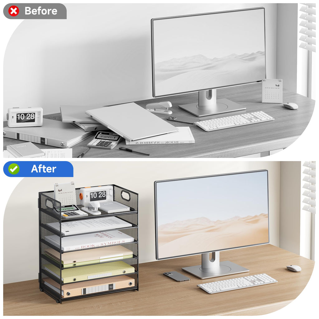 Marbrasse 6 Tier Desk Organizer, File Organizer with Handle, Mesh A4 Paper Organizer, Letter Tray for Office, Home or School (Black)