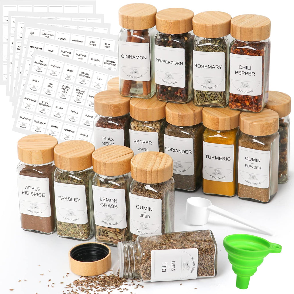 EkkoVla 16 Pack 4 oz Glass Spice Jars with Bamboo Lids, Empty Square Spice Containers with Blank＆Printed Spice Labels for Kitchen Cabinet