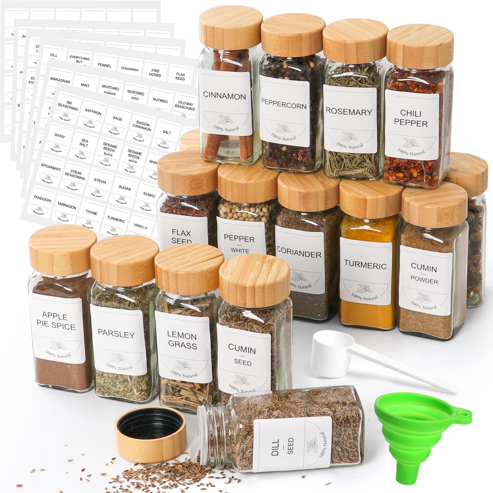 EkkoVla 16 Pack 4 oz Glass Spice Jars with Bamboo Lids, Empty Square Spice Containers with Blank＆Printed Spice Labels for Kitchen Cabinet