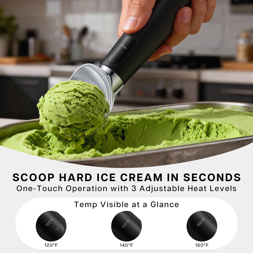 VRAIKO Heated Ice Cream Scoop | Warming Icecream Scooper with 3-Level Adjustable Heats - 120/140/160℉, LED Display, 2600mAh Capacity, Rechargeable | for Hard Ice Cream and More (Black)