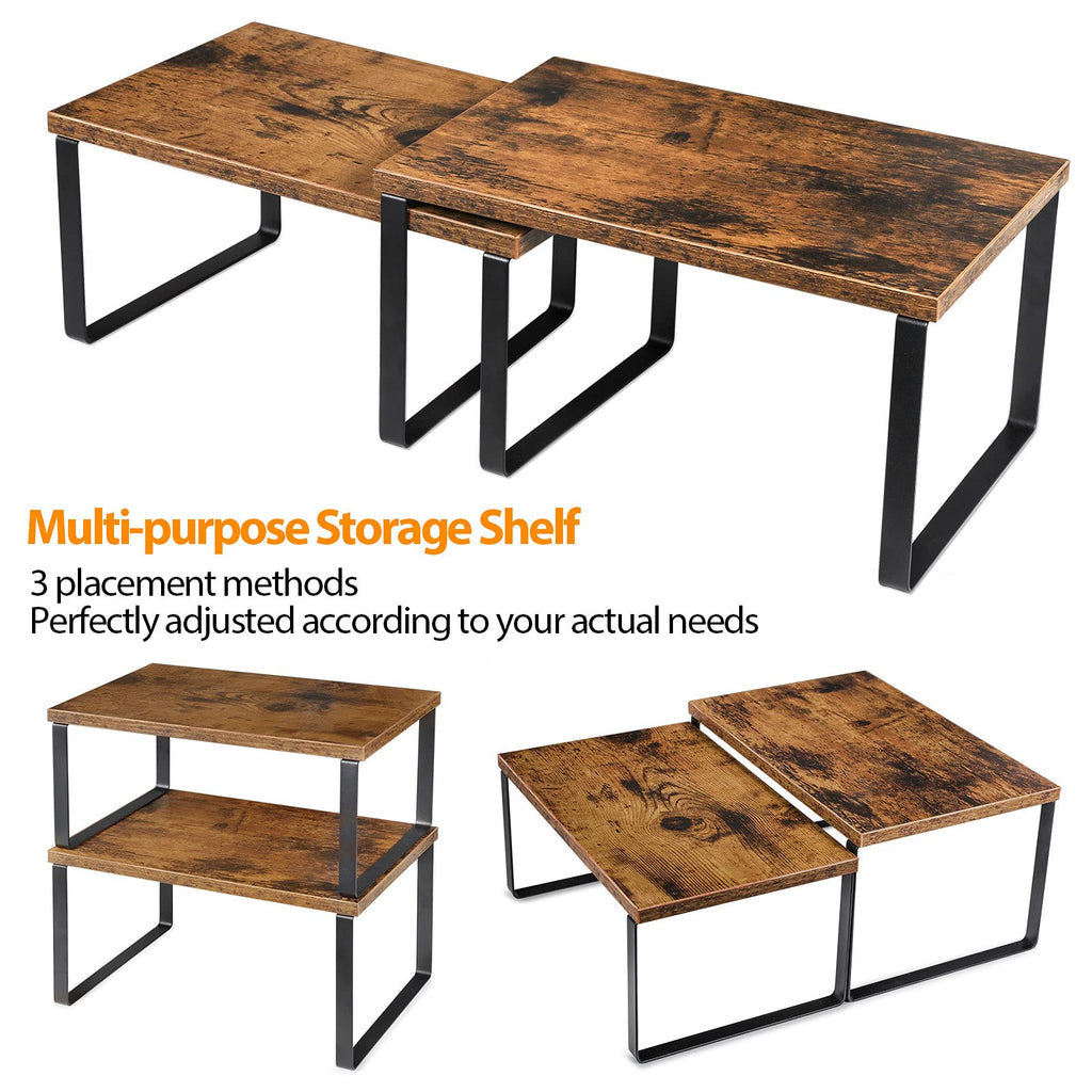 Cabinet Shelf Organizers, Set of 4 Wood and Metal Kitchen Storage Racks, Stackable Countertop Shelves, Expandable Pantry and Cupboard, Modern Black and Brown