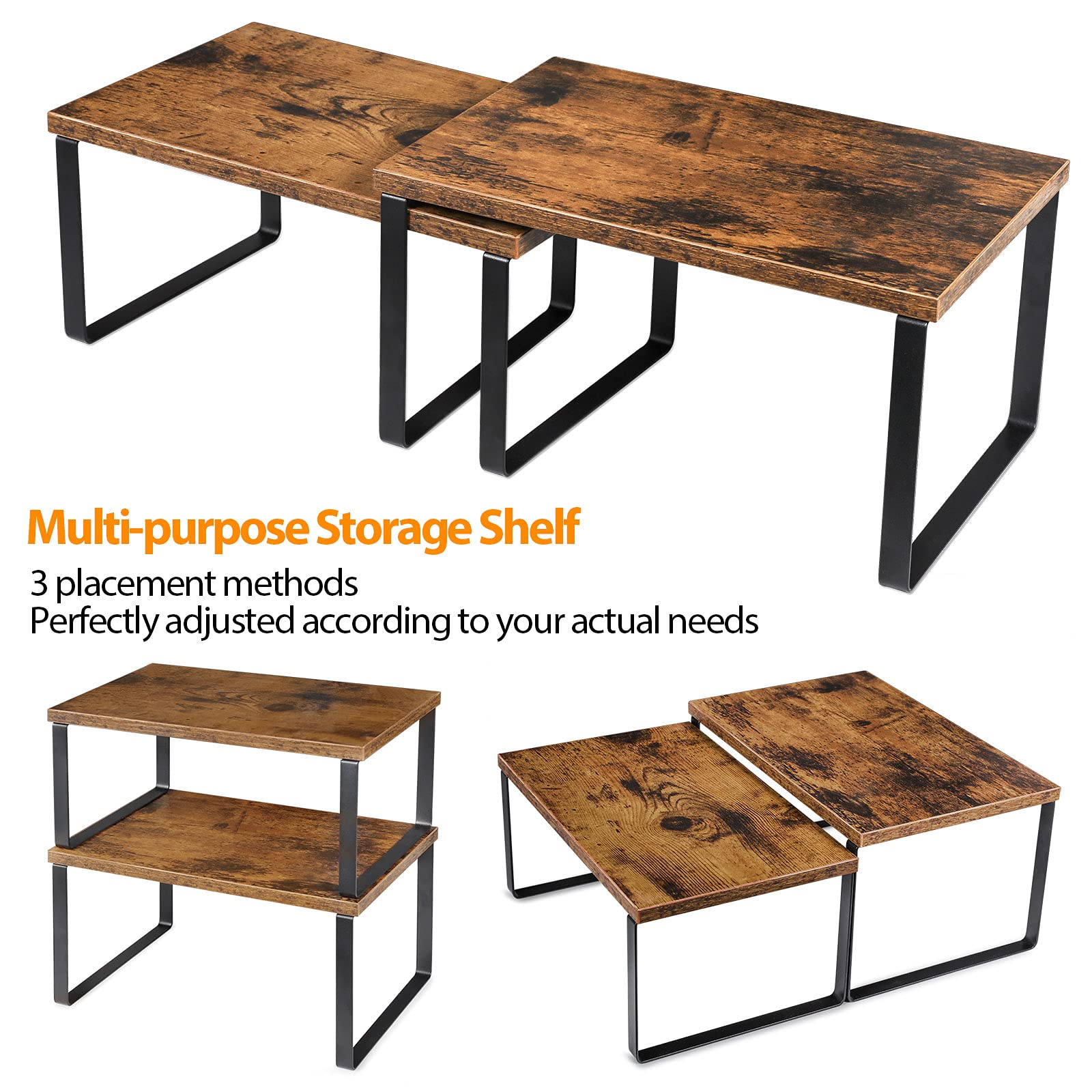 Cabinet Shelf Organizers, Set of 4 Wood and Metal Kitchen Storage Racks, Stackable Countertop Shelves, Expandable Pantry and Cupboard, Modern Black and Brown