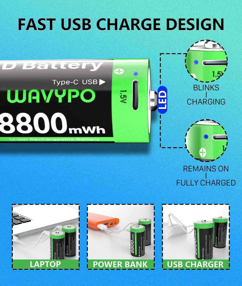WAVYPO Rechargeable Lithium D Batteries 2 Pack, 8800mWh High Capacity D Cell Batteries with 2 in 1 USB-C Charging Cable