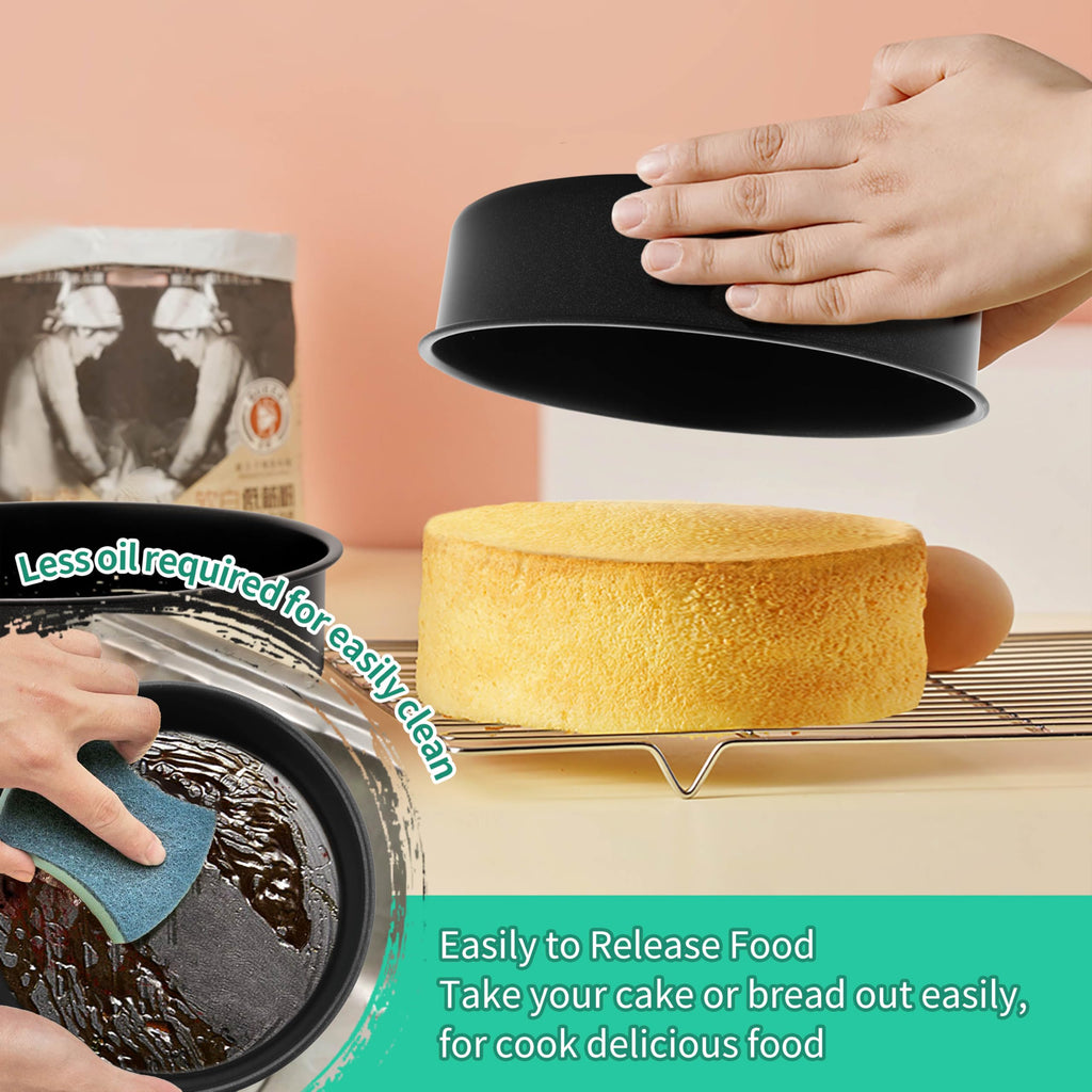 8 Inch Round Cake Pan Set, P&P CHEF 3 Piece Non-Stick Cake Baking Pans for Birthday Wedding Layer Cakes, Stainless Steel Core & One-Piece Design, Sturdy & Healthy, Black