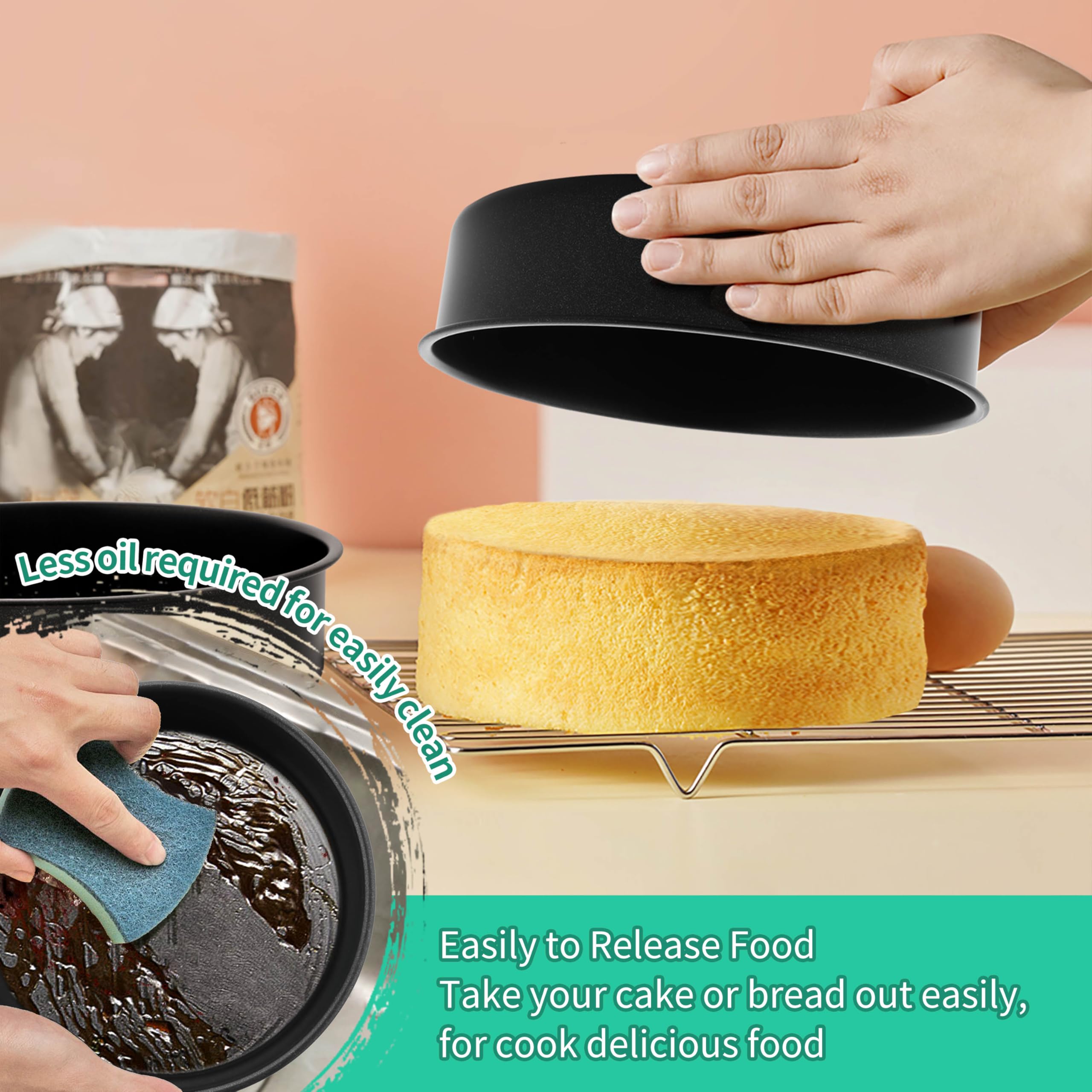 8 Inch Round Cake Pan Set, P&P CHEF 3 Piece Non-Stick Cake Baking Pans for Birthday Wedding Layer Cakes, Stainless Steel Core & One-Piece Design, Sturdy & Healthy, Black