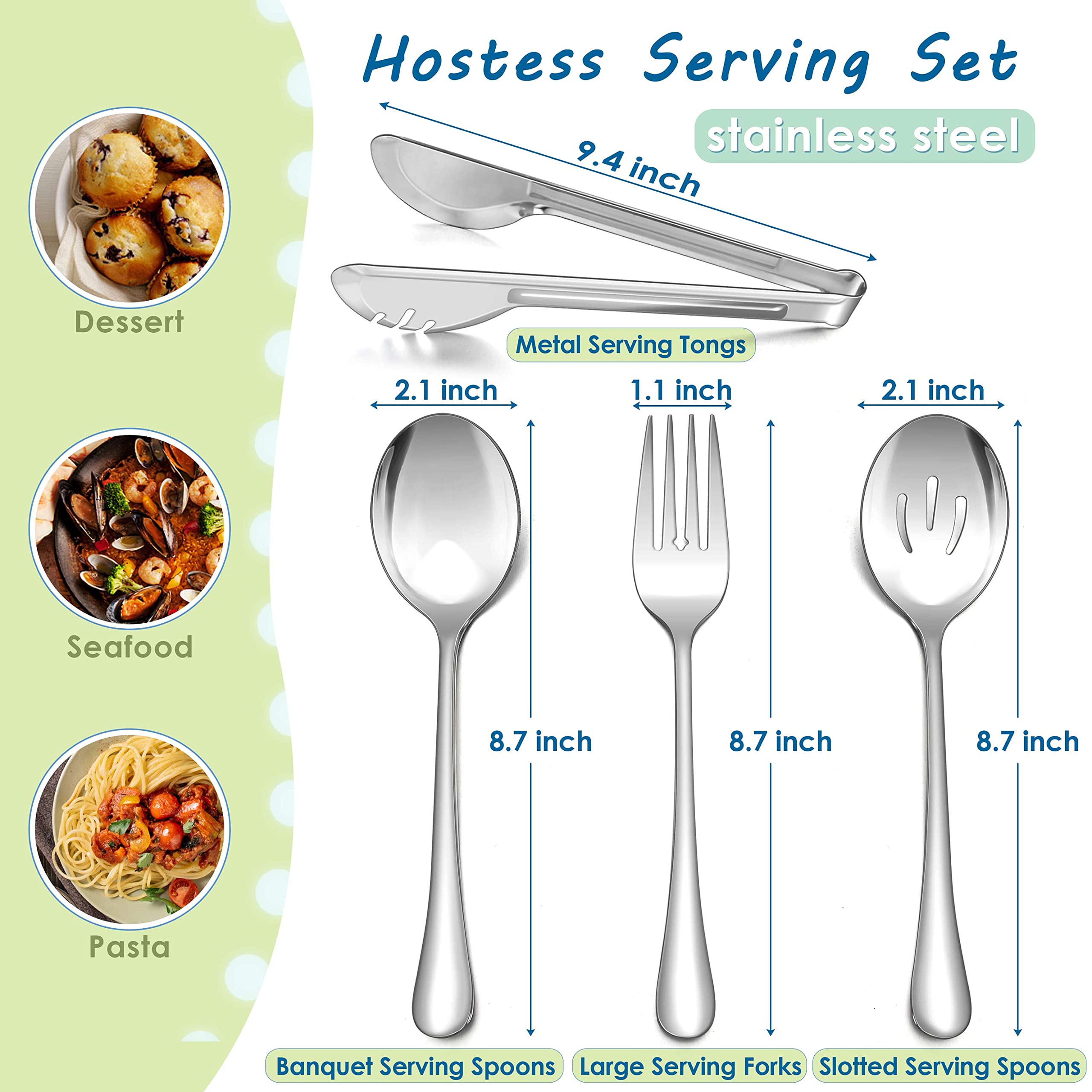 Herogo 8-Piece Stainless Steel Serving Utensils Set, 8.7 Inch Spoons, Forks, Tongs for Catering, Dishwasher Safe