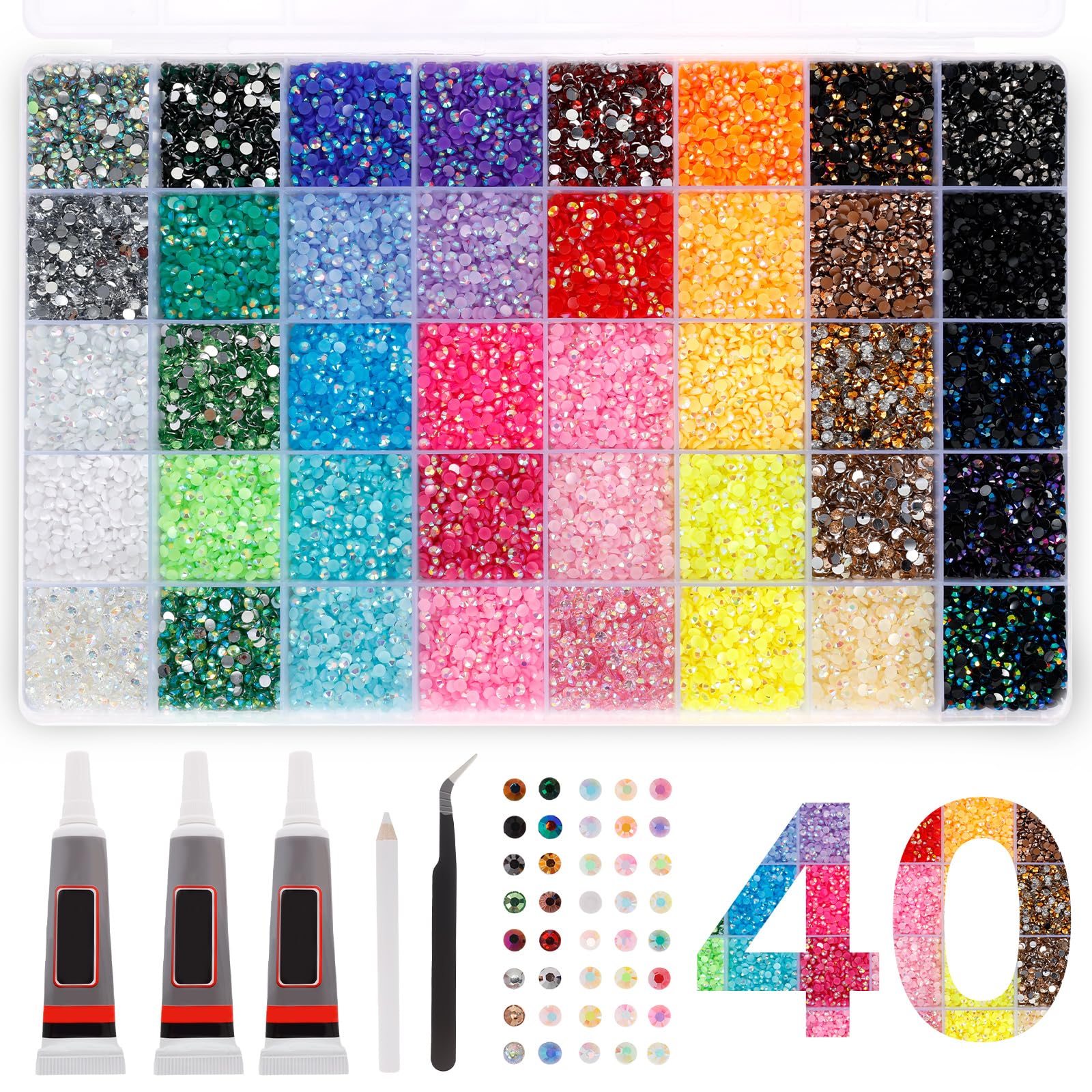40 Colors Resin Jelly Rhinestones for Bedazzling Kit 32000 Pcs 3mm Flatback Rhinestones with Tweezers Pen 3Pcs B7000 Glue Bedazzling Gems Rhinestone Kit for Clothing Shoes Nail Cups DIY Crafts