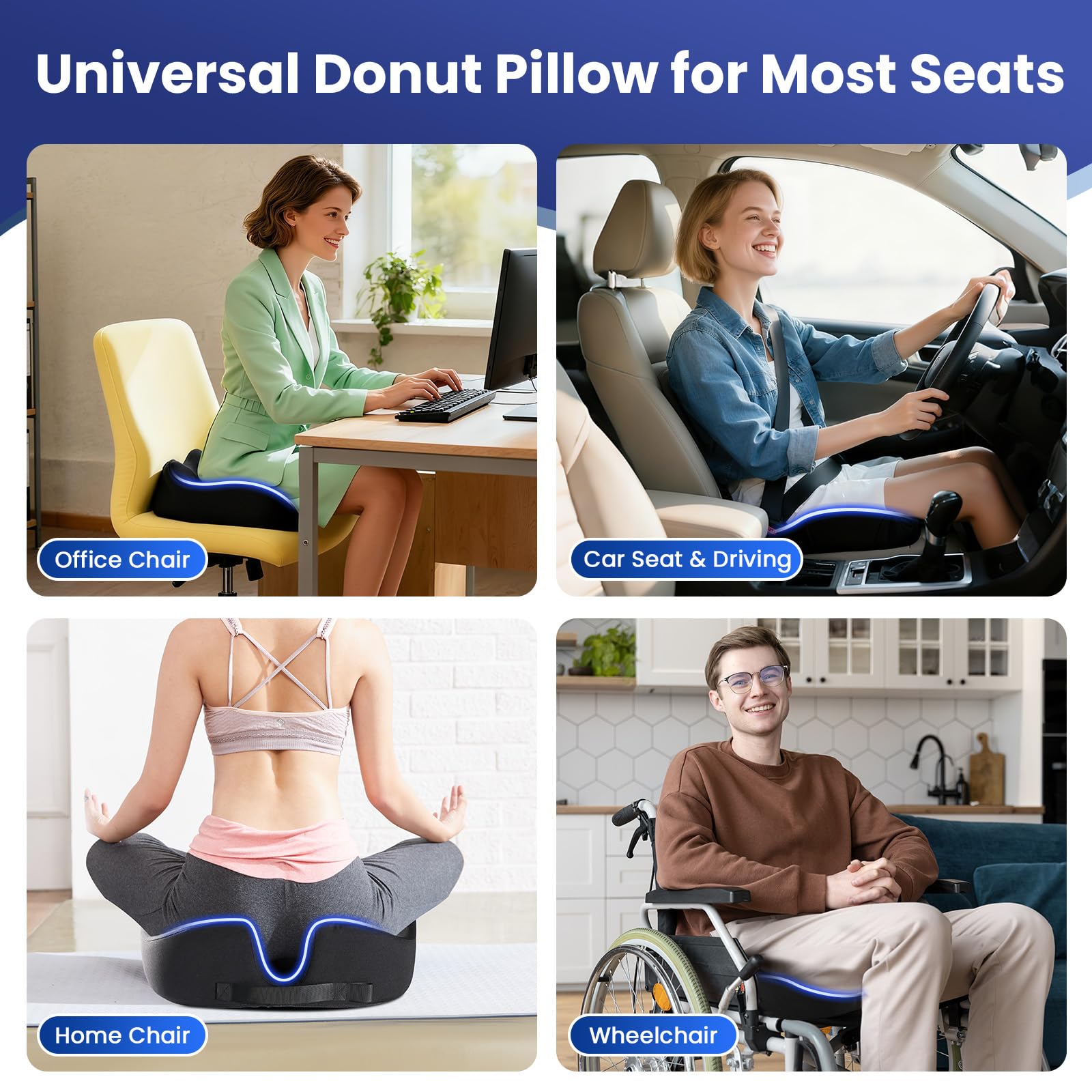 Donut Pillow Seat Cushion Memory Foam Office Chair Cushion for Long Sitting Back Wheelchair Cushion Chair Cushion for Car, Home, Pressure Relief Pad for Hip, Tailbone, Black