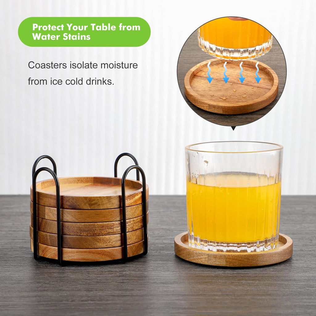 WLWNWFT Acacia Wood Round Coasters with Holder, Set of 6, Brown