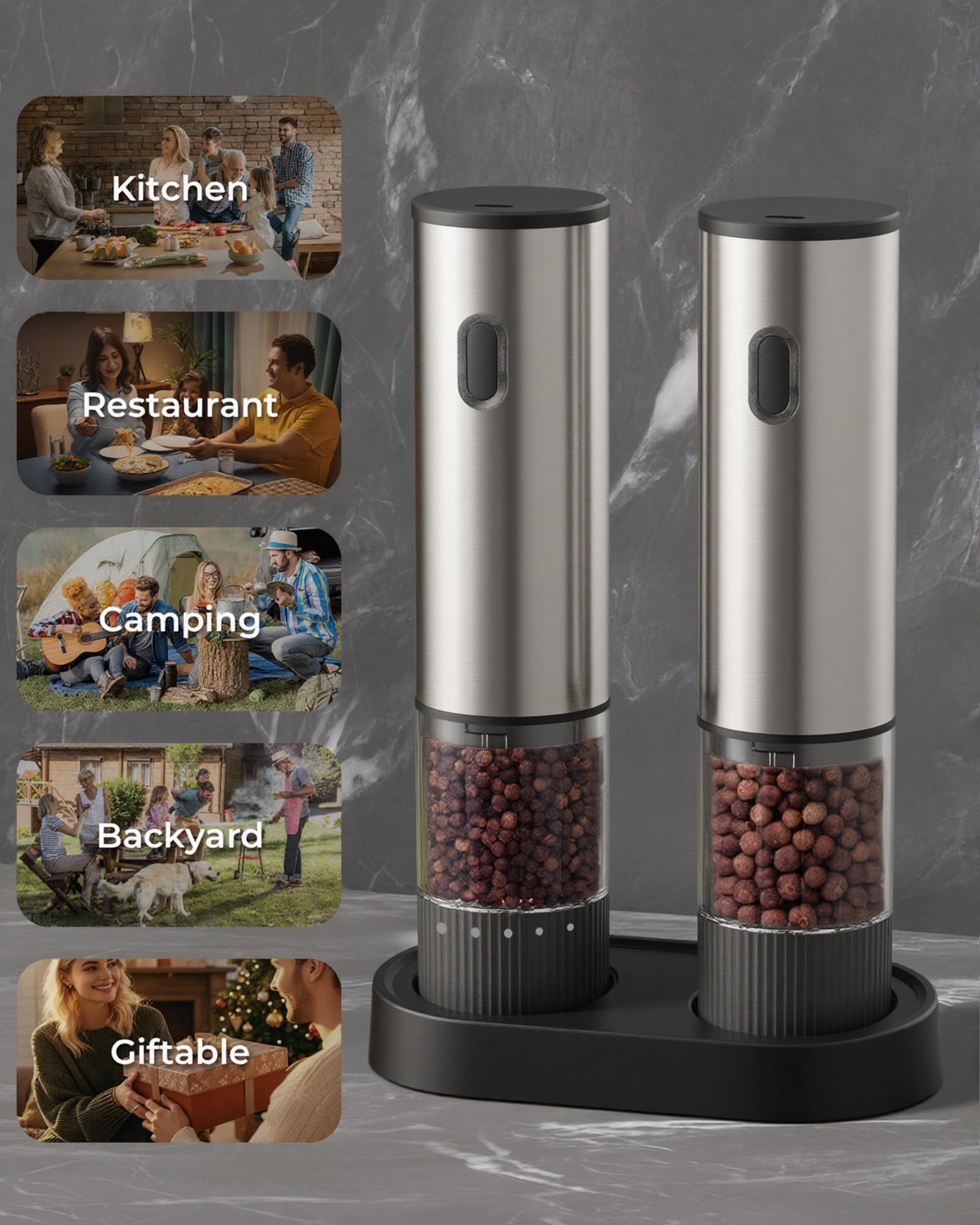 Salt and Pepper Grinder Set, Automatic Salt and Pepper Grinder, USB-C Rechargeable with 5 Adjustable Coarseness, One Hand Operation