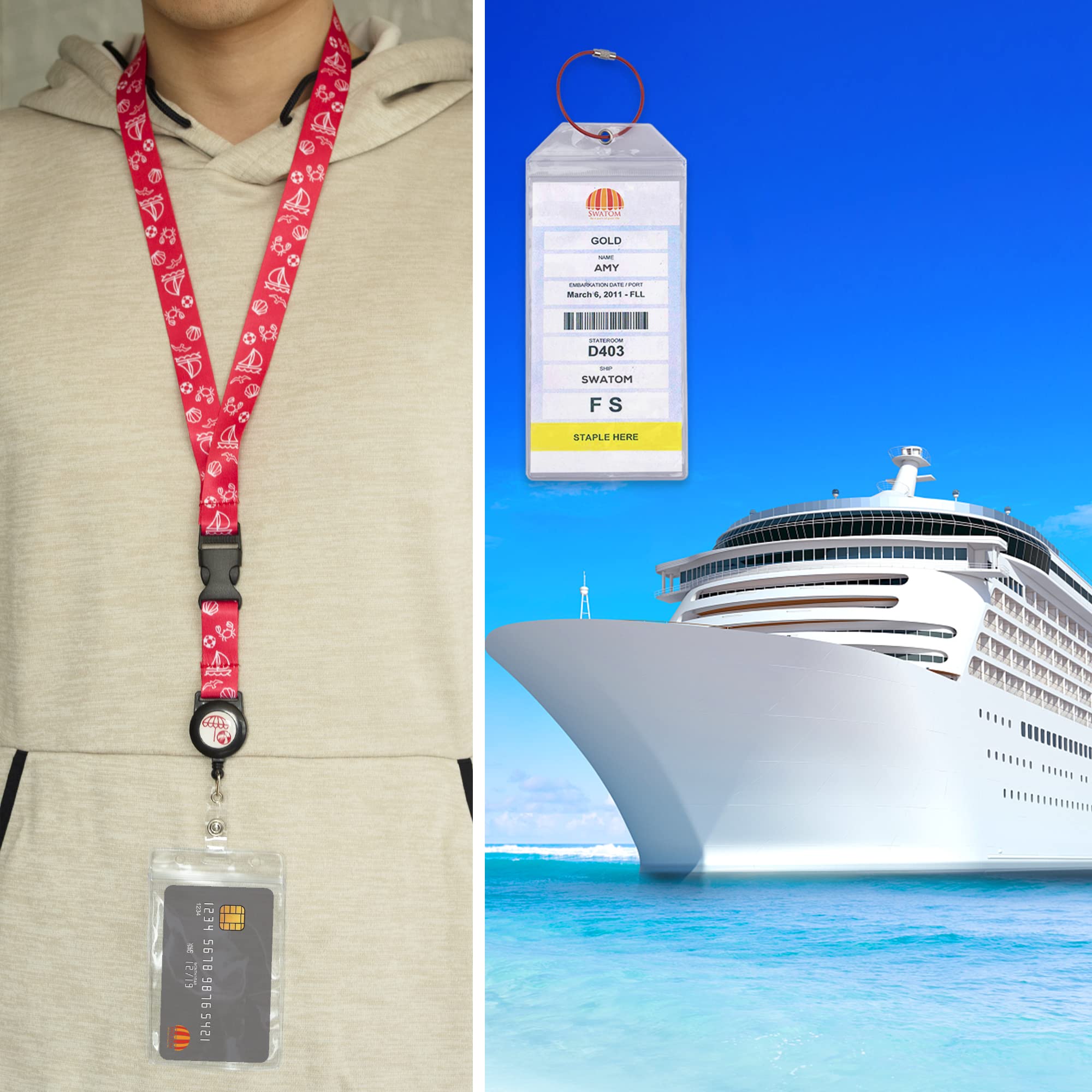SWATOM Cruise Lanyards 9PCS Retractable for Ship Cards, Royal Caribbean & Celebrity 2024 & 2025 Waterproof Luggage Tag Holders Set with Detachable Badge Holder for ID Cards